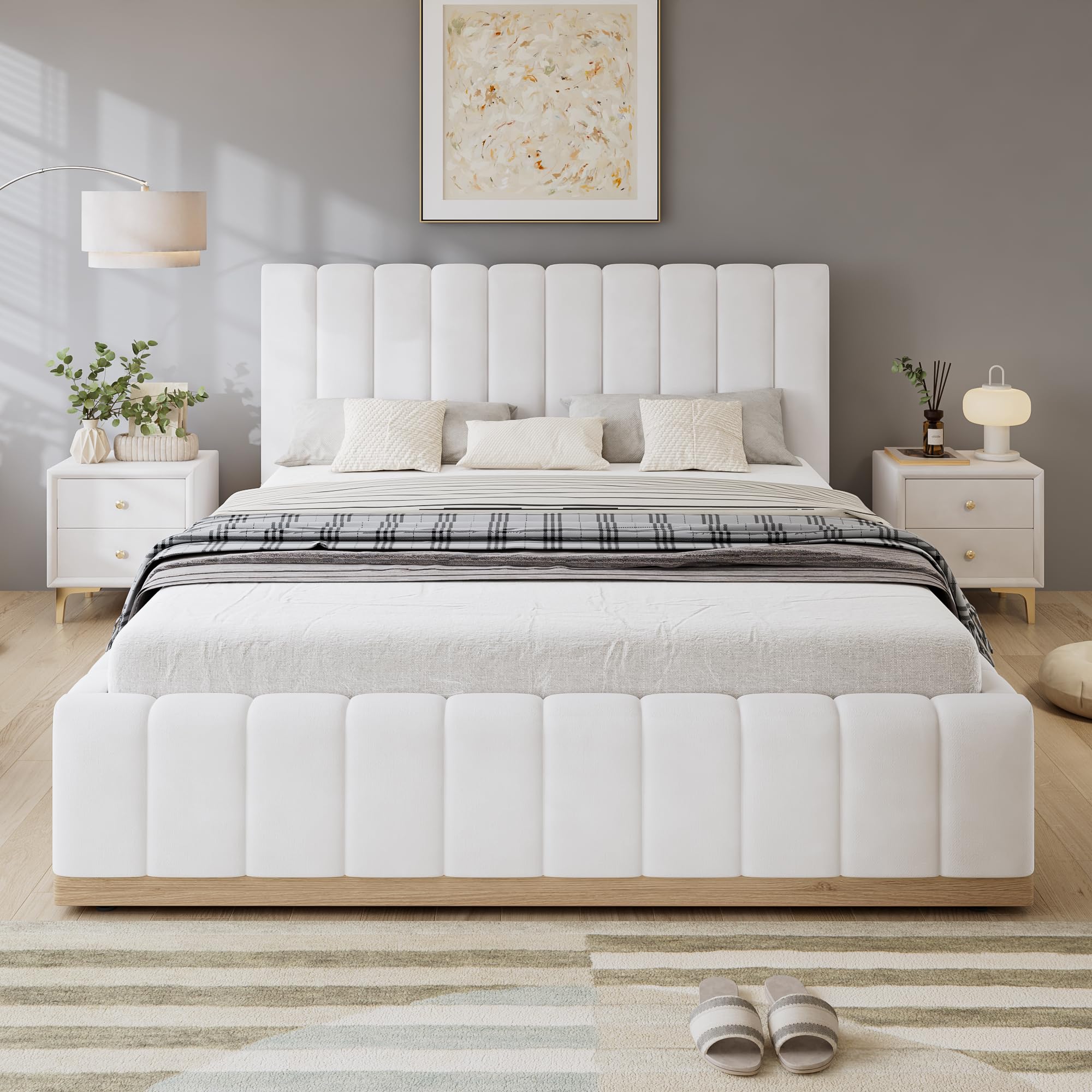 Merax 4ft6 Double Upholstered Bed with PU Headboard – Sturdy Bed Slats, High-Resilience Foam, 135x190cm, Beige PU + MDF + Plywood Frame, NO MATRESS — image 1