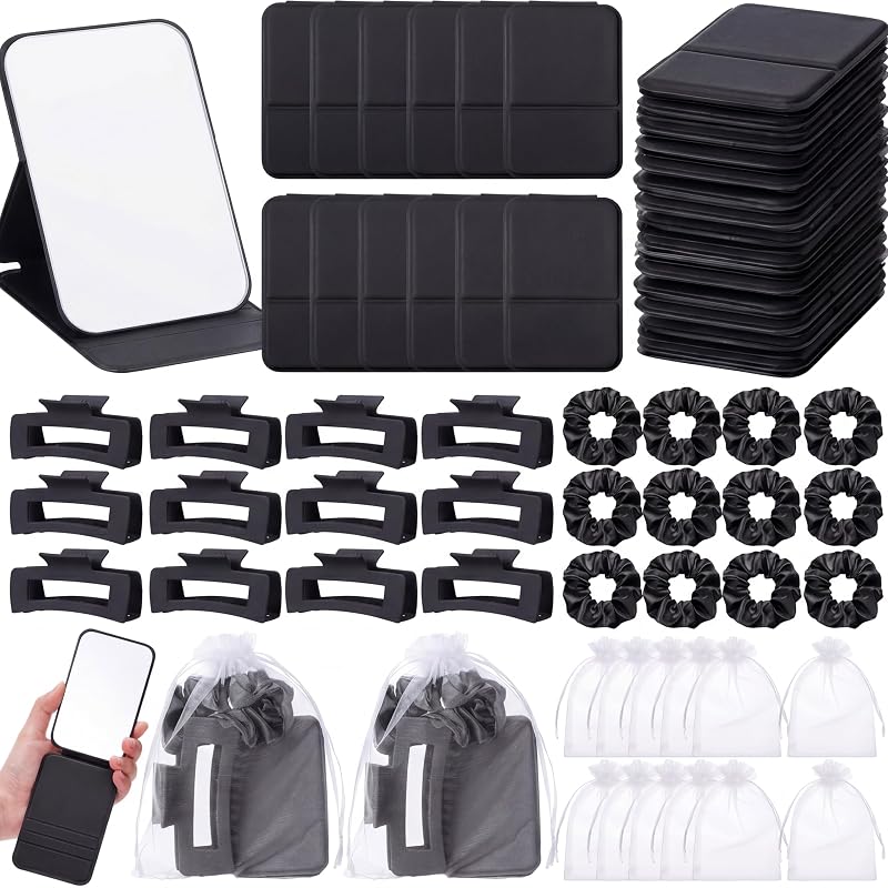 Unittype Kit com 12 espelhos compactos, 12 presilhas, 12 scrunchies e 12 sacos de organza, preto — Pacote com 48 peças