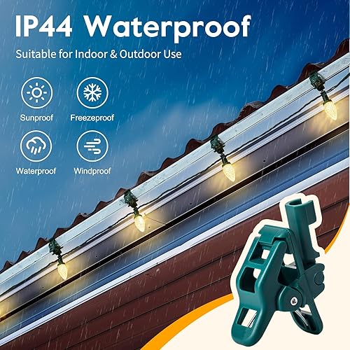 Miniatura 6 de Luces LED C9 de Navidad para exteriores con 50 clips de resorte, 50 pies 50 luces LED impermeables de fresa, grado comercial extensible, perfectas