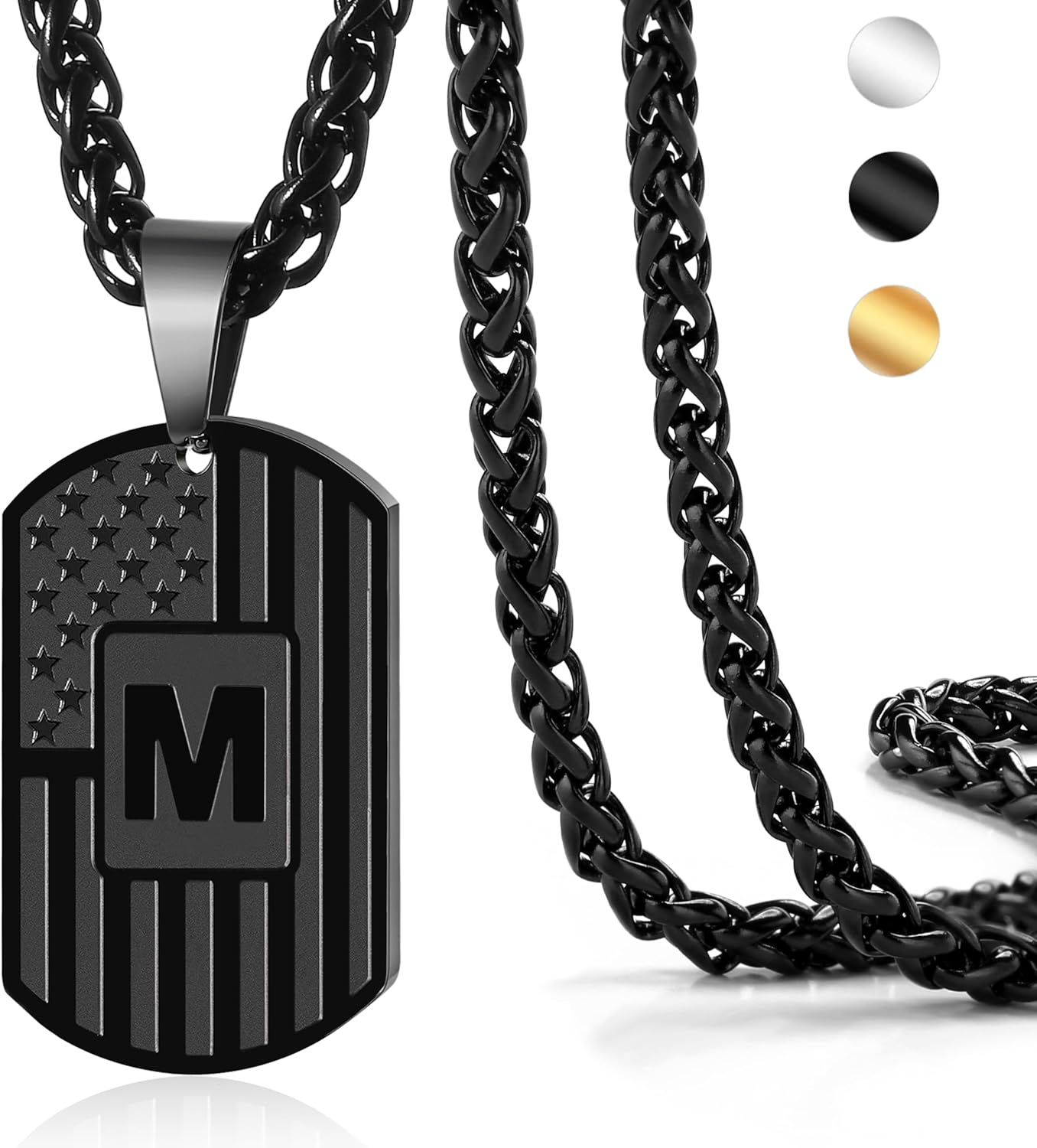 DuoDiner Easter Basket Stuffers -Initial Necklace Gifts for Men Boys Kids,A-Z Capital Letter American Flag Dog Tag Necklaces 24 Inches Stainless Steel Mens Jewelry Gift