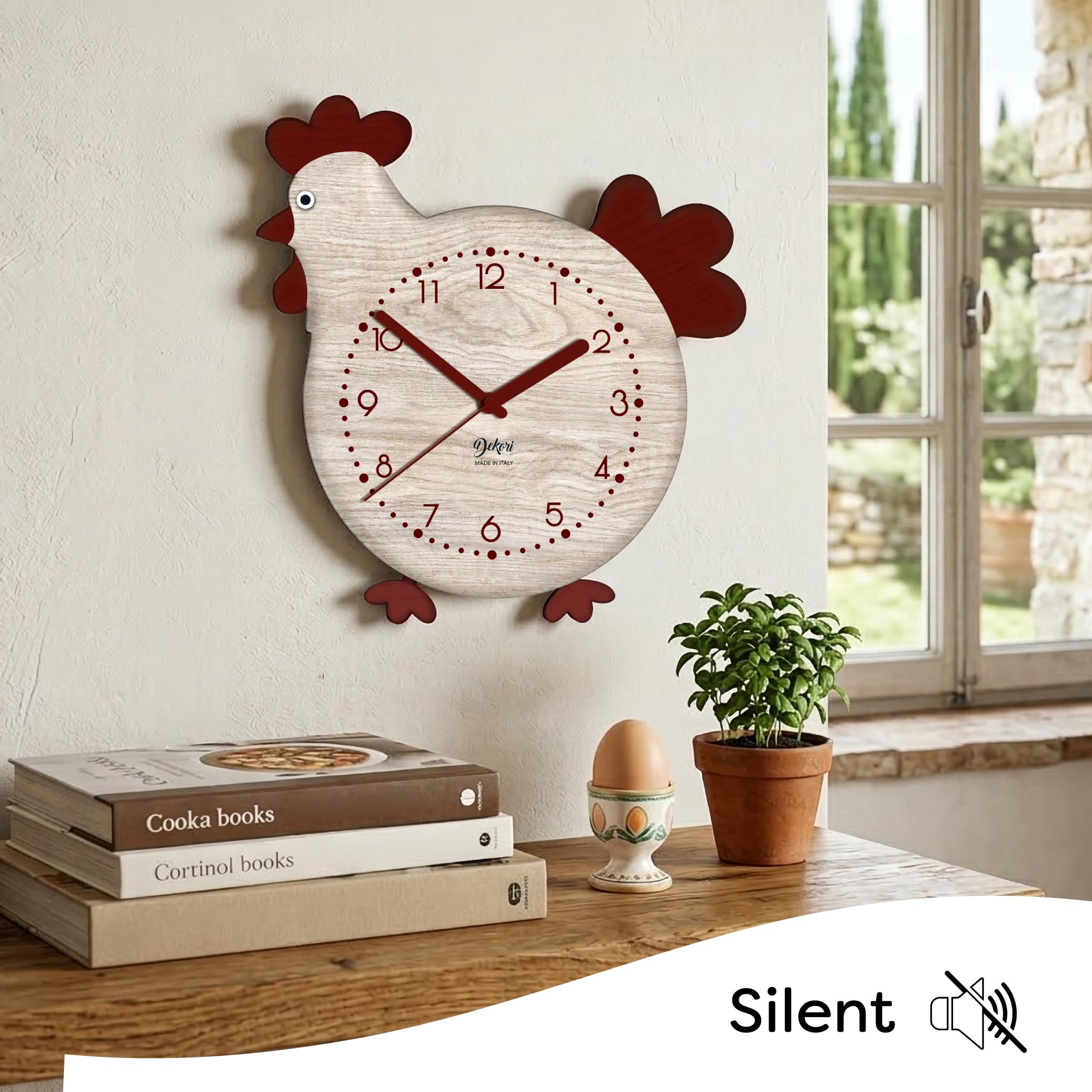 DEKORI Orologio da Parete con Pendolo – Design Gallinella in Legno, Silenzioso e Artigianale, per Cucina Rustica o Casa, 27x32 cm
