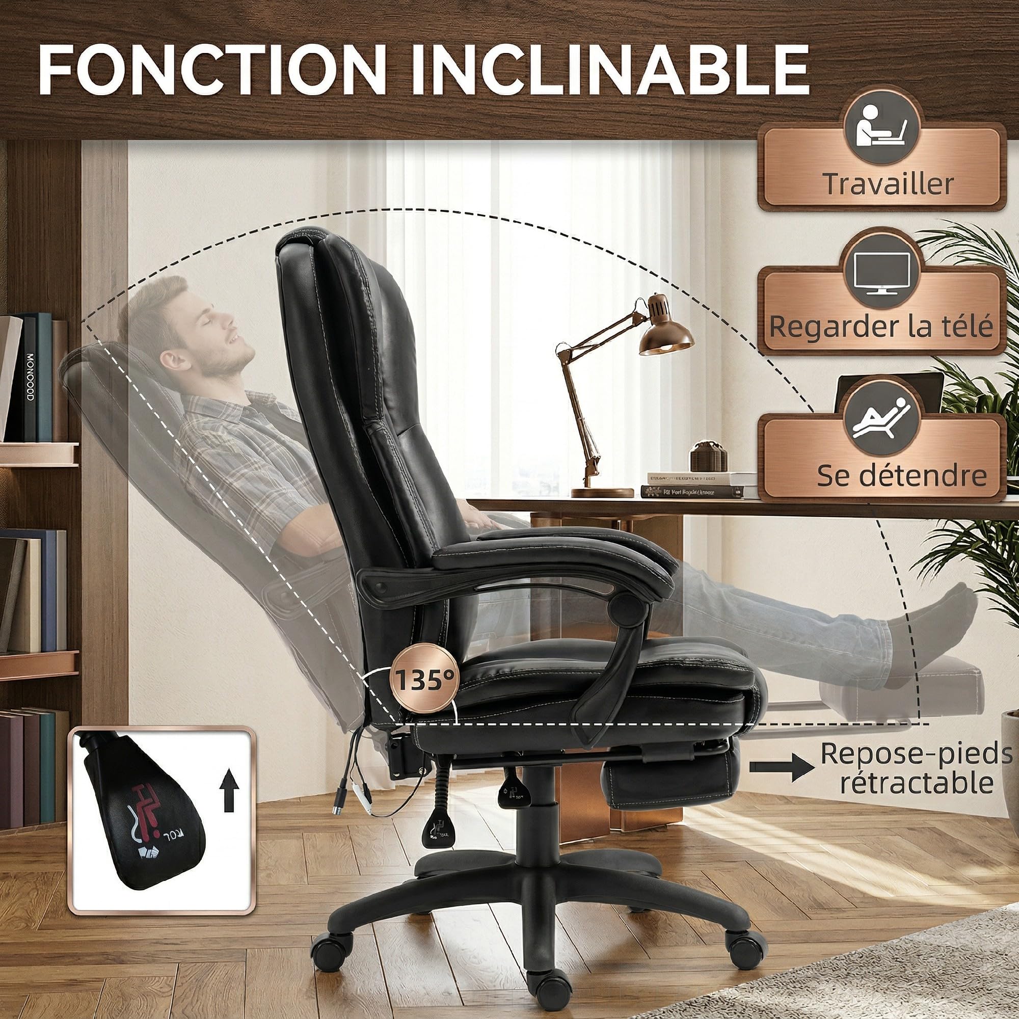 Vinsetto Fauteuil de Bureau Massant par Vibrations Assise Large 57 cm Noir
