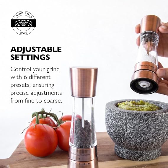 Cole & Mason Derwent Salt & Pepper Grinder Set - Salt & Pepper Grinder Set with Adjustable Grind Settings - Easily Refillable Spice Mills for Enhanced Taste - Copper with Stainless Steel Funnel