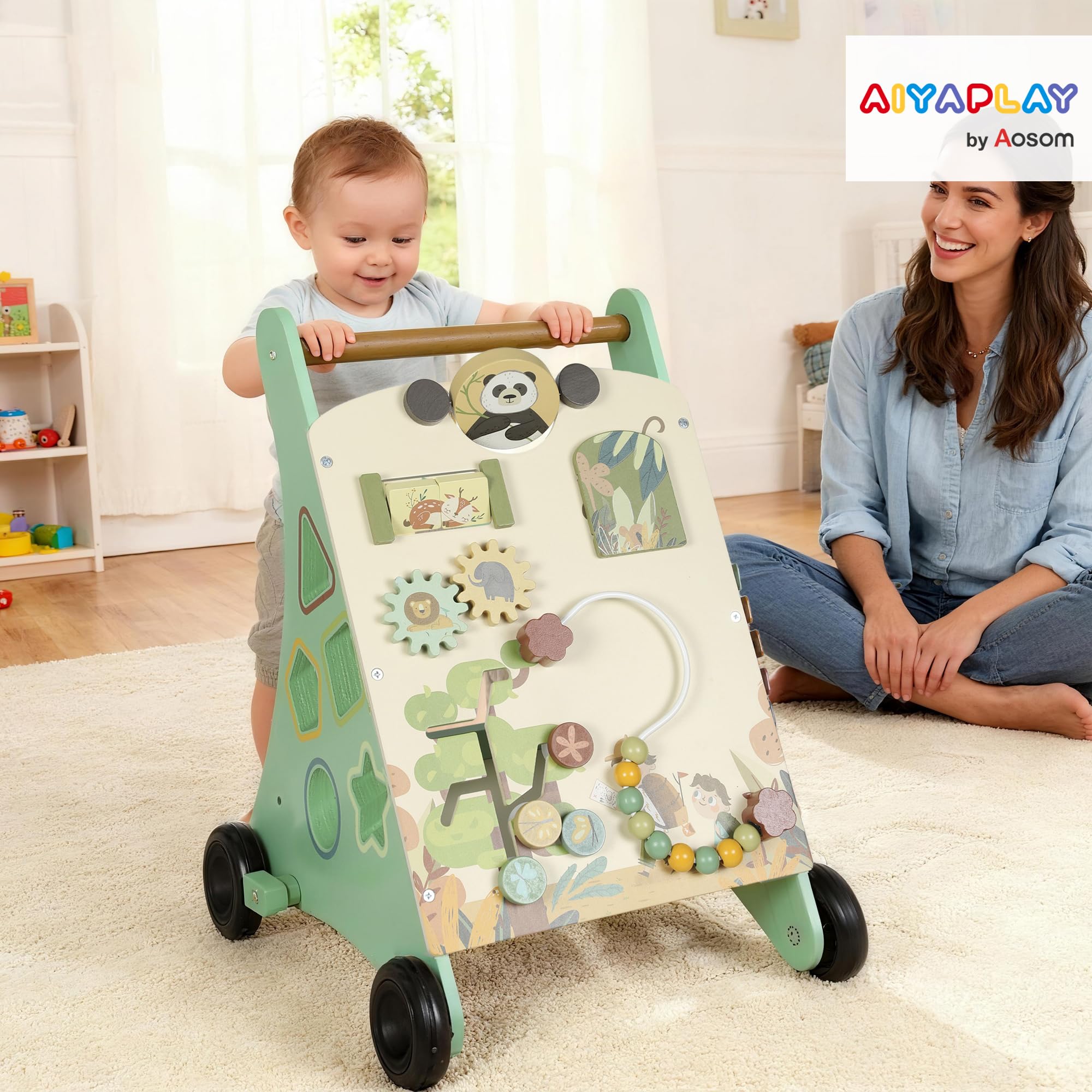 AIYAPLAY Lauflernwagen Holz Montessori Lauflernhilfe Xylophon Grün