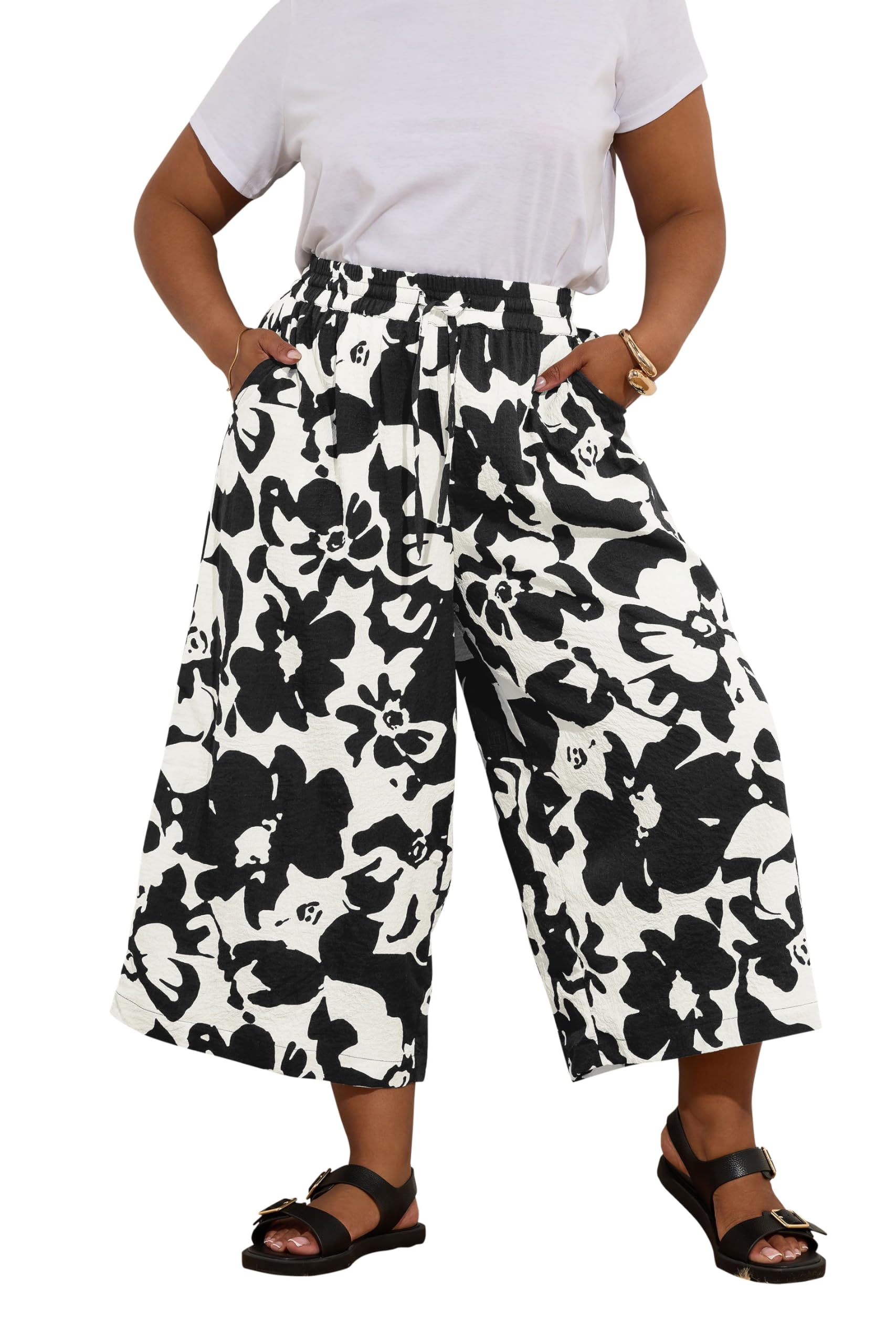 Yours Curve Textured Floral Print Midaxi Culottes - Women's - Plus Size Curve Black
