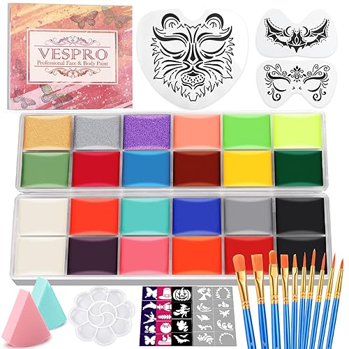 Kit de pintura facial para fiesta de niños, kit de pintura facial de 22 colores, incluye bandeja de pintura, esponjas, pinceles y plantillas, kit de