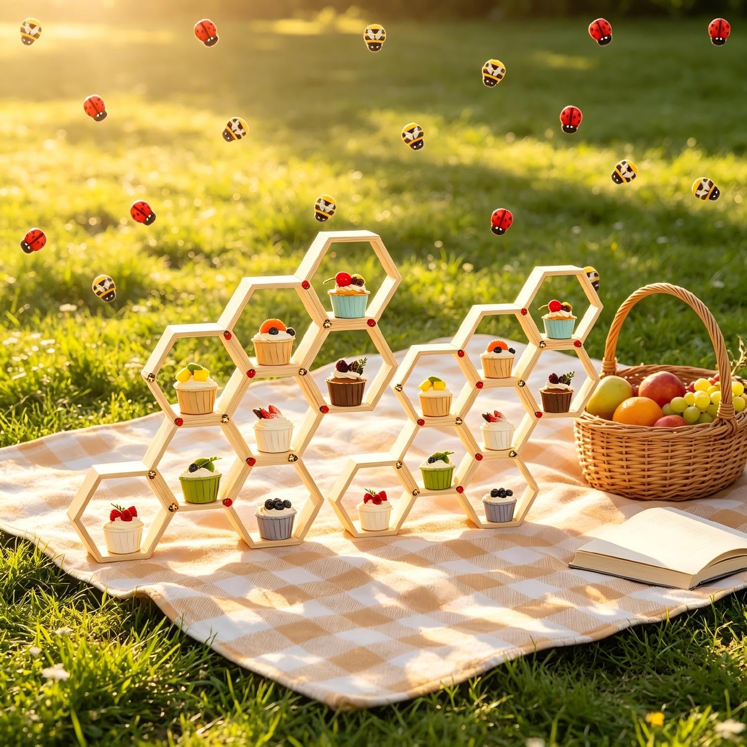 Set di 16 supporti per cupcake a nido d'ape in legno, 30 adorabili api e 10 coccinelle, impilabili, torre da dessert per torte a tema api, baby shower, feste di compleanno, matrimoni rustici