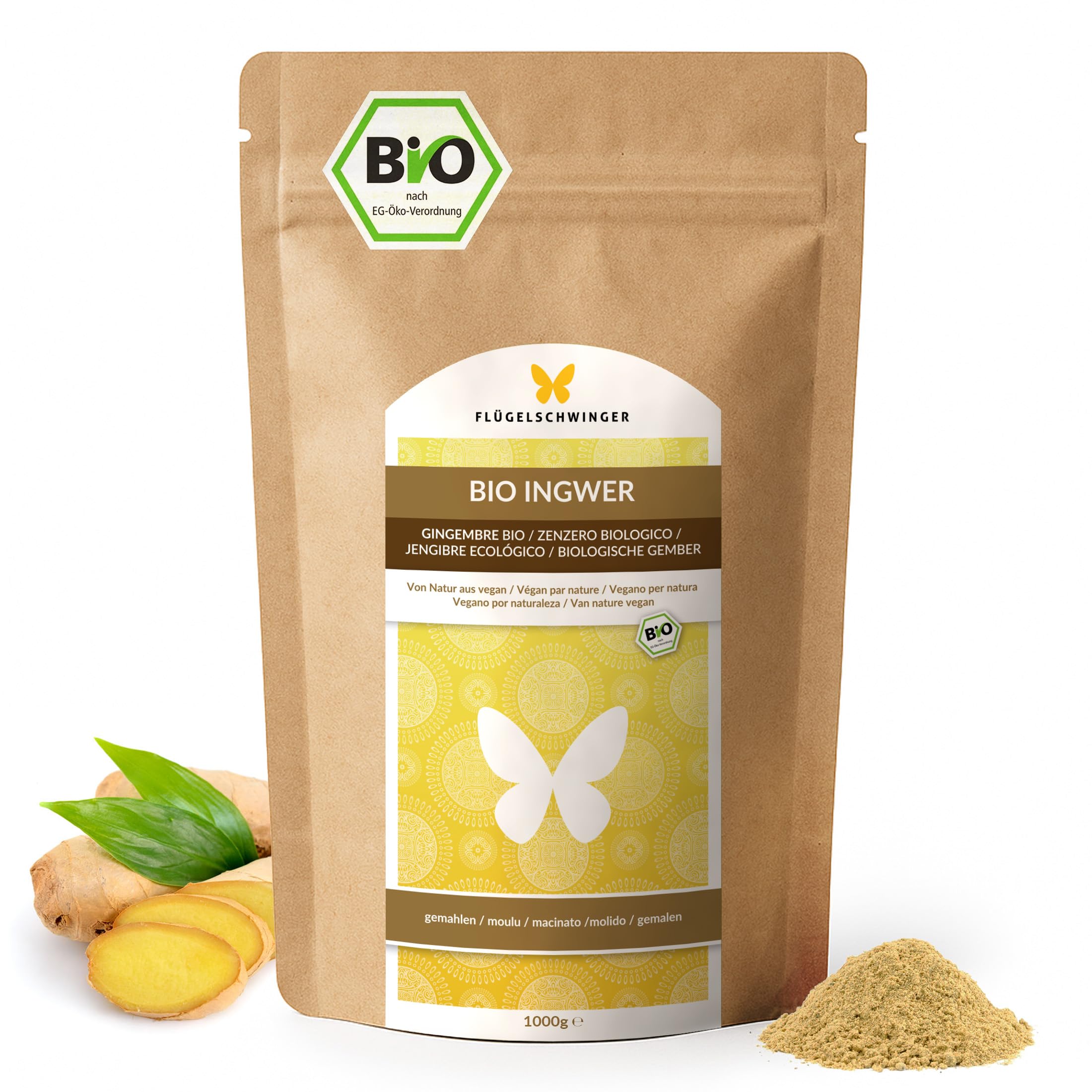 1 kg de poudre de gingembre BIO, cultivée et fabriquée selon les normes biologiques de l'UE, sans additifs, finement moulue (1000 g)