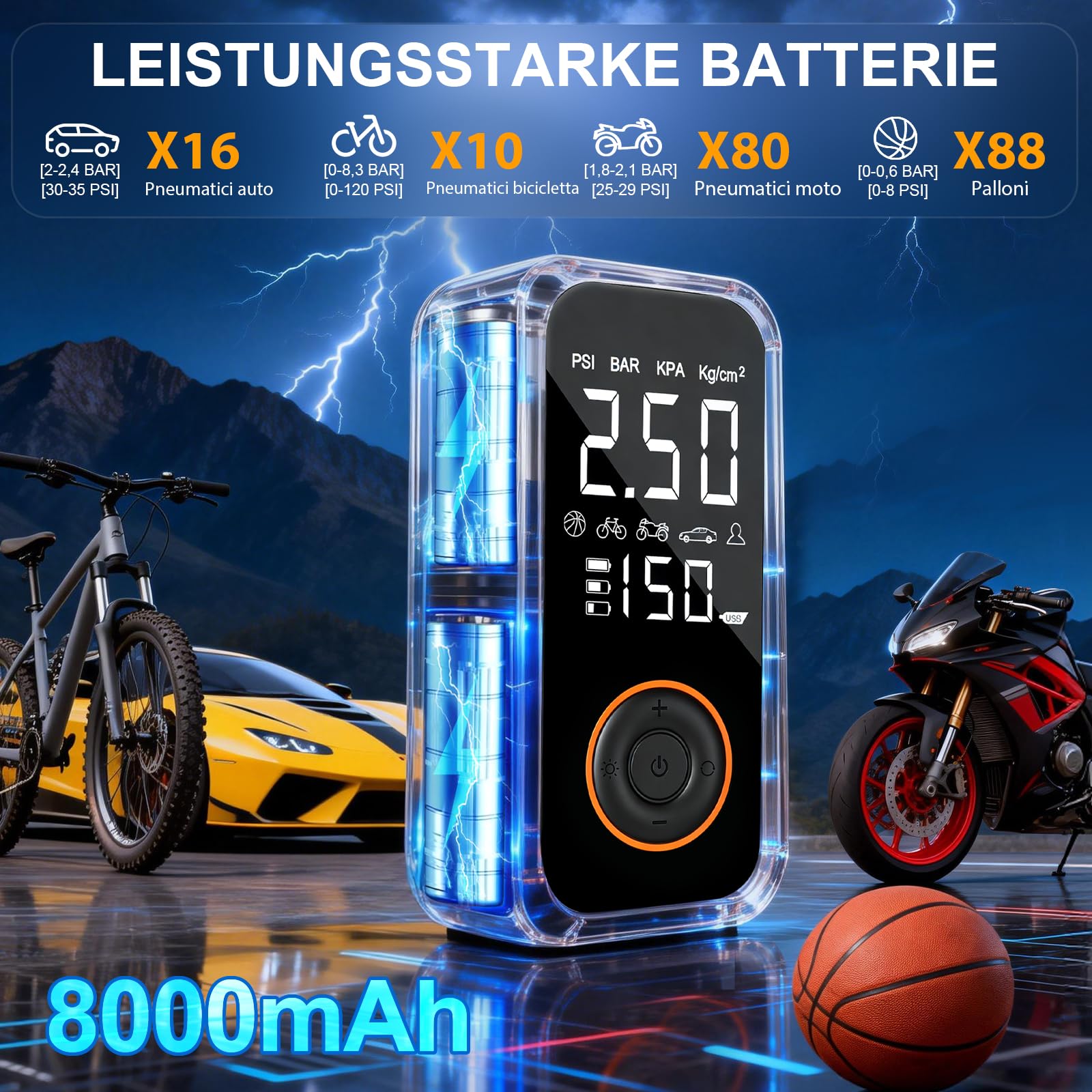 Mini Compresor Aire Portatil, 8000mAh Inflador Ruedas Coche | 150PSI Inflador Electrico Biciclet Con Pantalla LCD Digital y linterna LED
