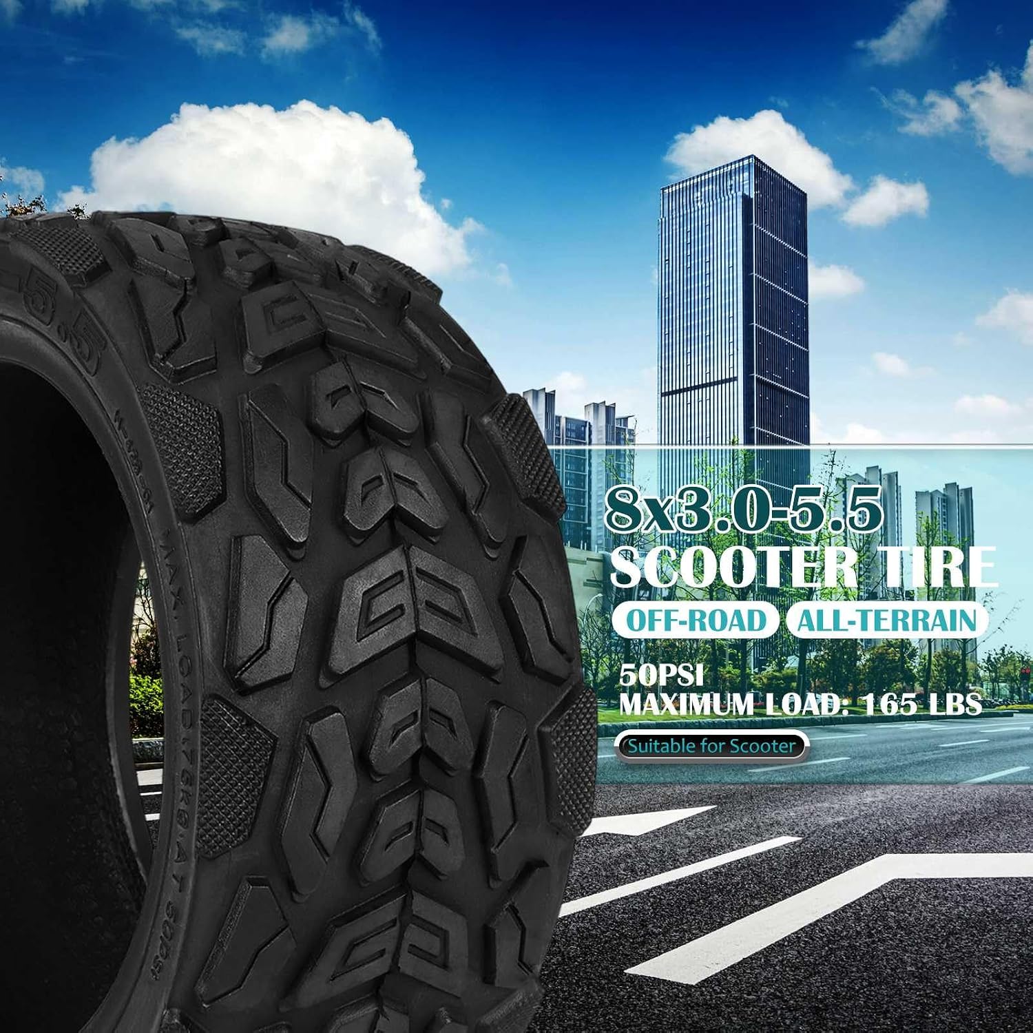 8x3.0-5.5 Scooter Tire, 8x3-5.5 Vacuum Off-Road Tubeless Electric Scooter Nylon Anti-Slip Replacement Tire