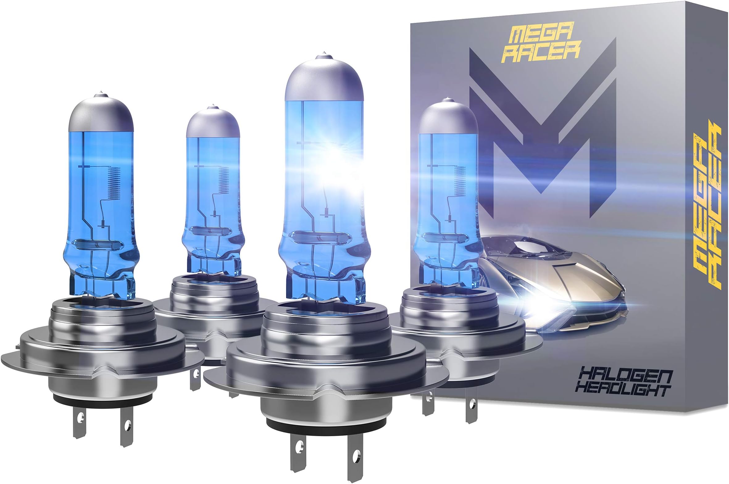 Mega Racer Combo 2 Pair H7 Headlight Bulb H7 Halogen Headlight Bulb 12V 100W 5000K Super Ultra White 2 x High Beam Headlight Bulb 2 x Low Beam Headlight Bulb Xenon H7 Car Headlight Bulbs H7 Head Light