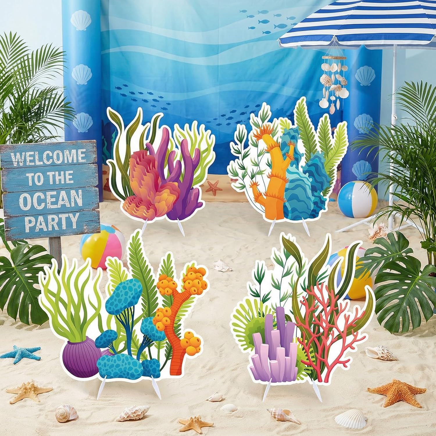 4 Pcs Under The Sea Coral Cutouts Decorations Colorful Ocean Seaweed Stand Party Decorations Set for Baby Shower Birthday Party Decor Photography Props (Under The Sea -1)