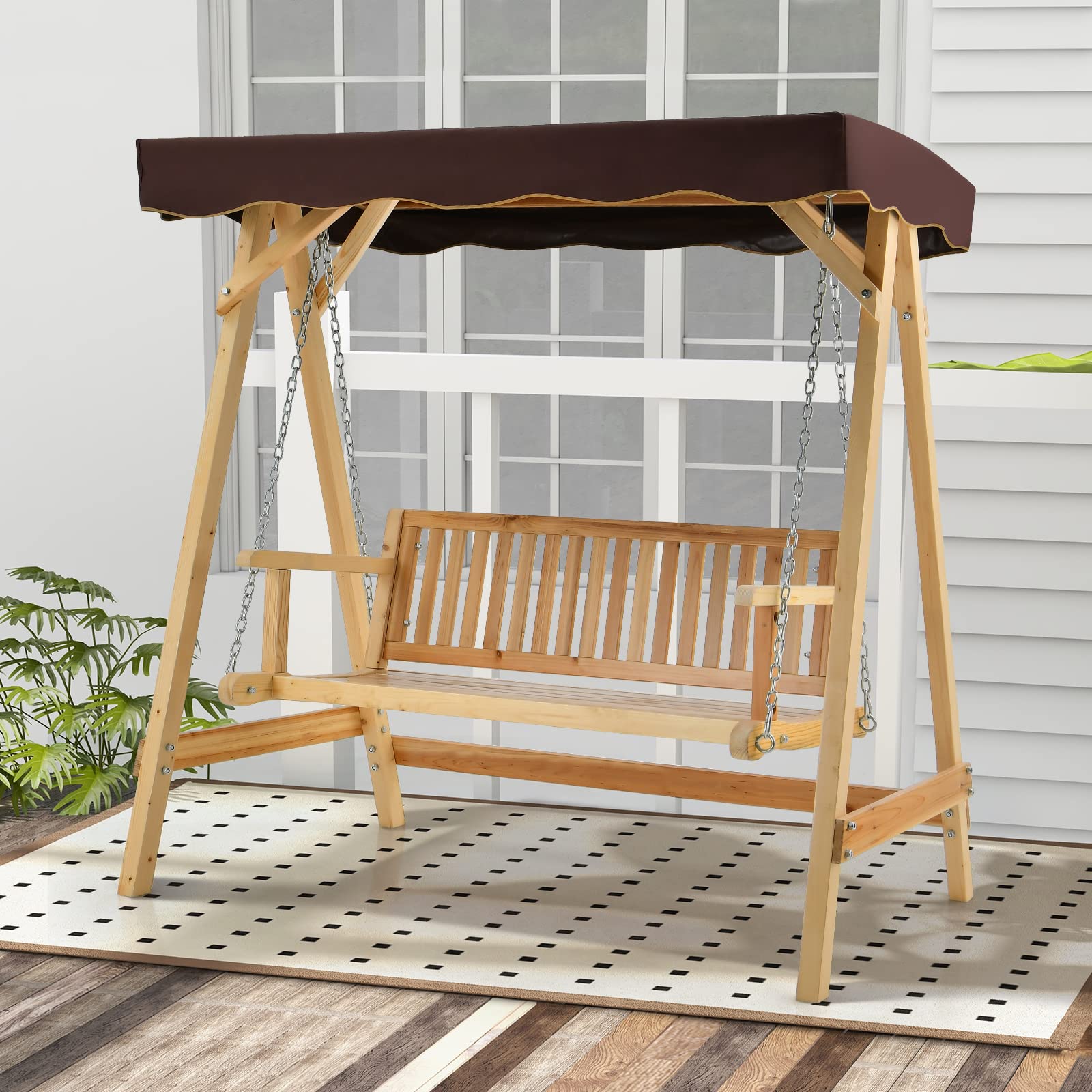 COSTWAY Columpio Balancin Jardin de Madera 2 Plazas,Toldo Ajustable, Silla de Madera de Columpio de Patio hasta 240kg, 175x106x182 cm, Porche, Patio Trasero, Balcón (con toldo)