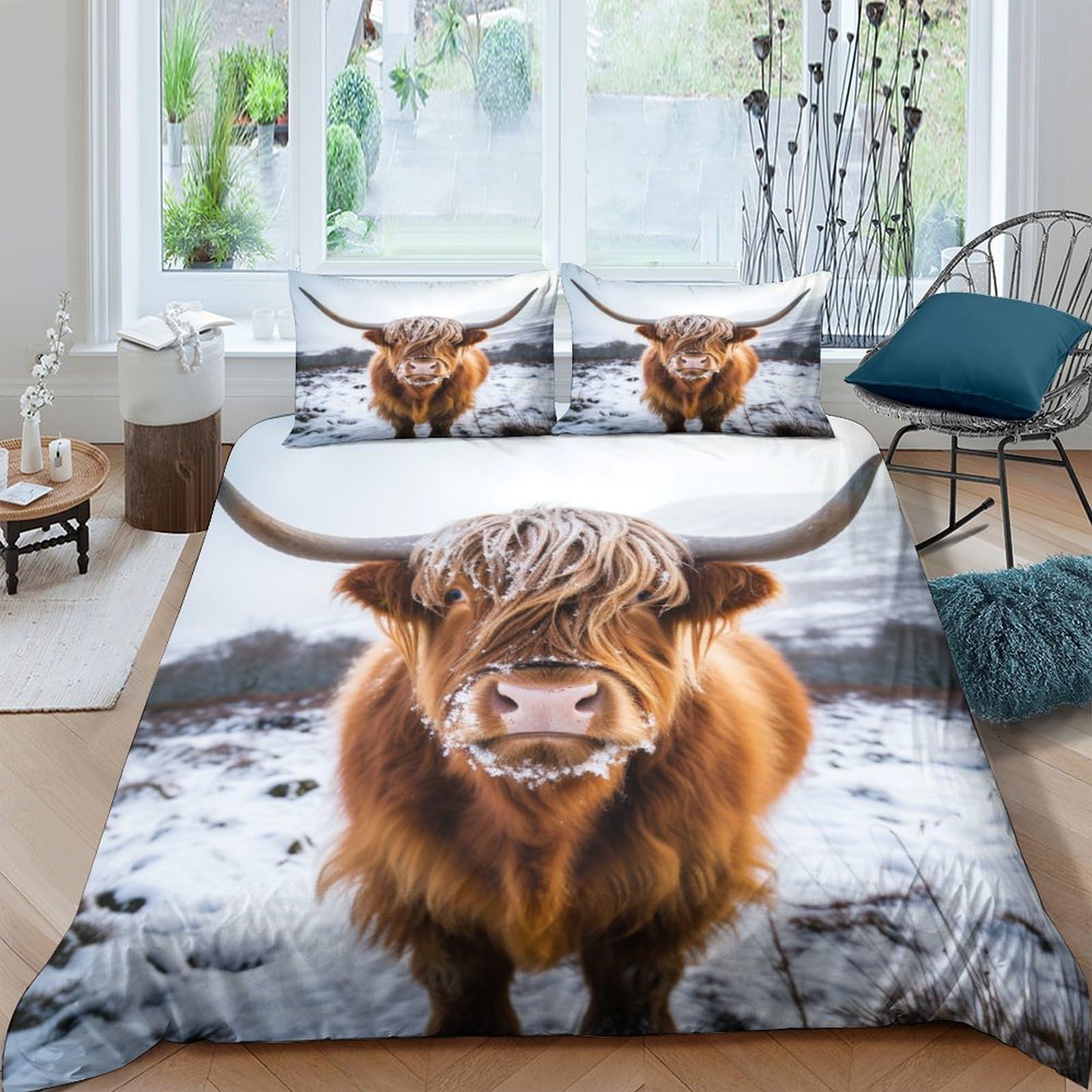 ZHUICHENG Highland Cattle 3 Piece Ultra Soft Duvet Cover-Bedding Set,3D Painting Microfiber Polyester Cow Quilt Cover Luxury Quality Reversiblet Comforter Cover with Pillowcase Double（200x200cm）