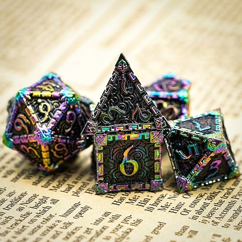 Miniatura 10 de Cusdie - Juego de dados de metal, 7 dados de metal para Calabozos y Dragones, juego de dados poliédricos con diseño de molinete para juegos de rol,