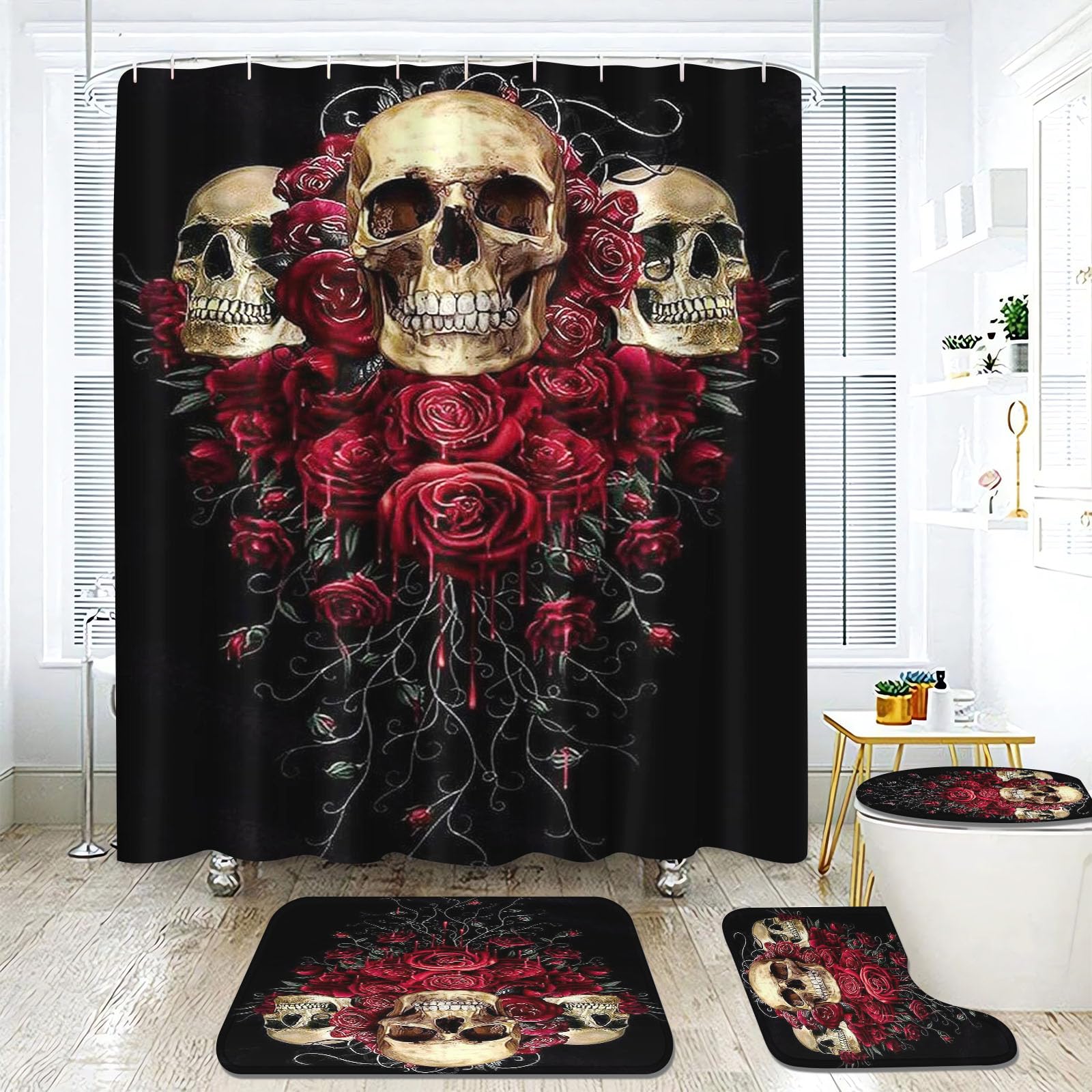 Rideau de douche tête de mort en polyester avec tapis de bain assortis