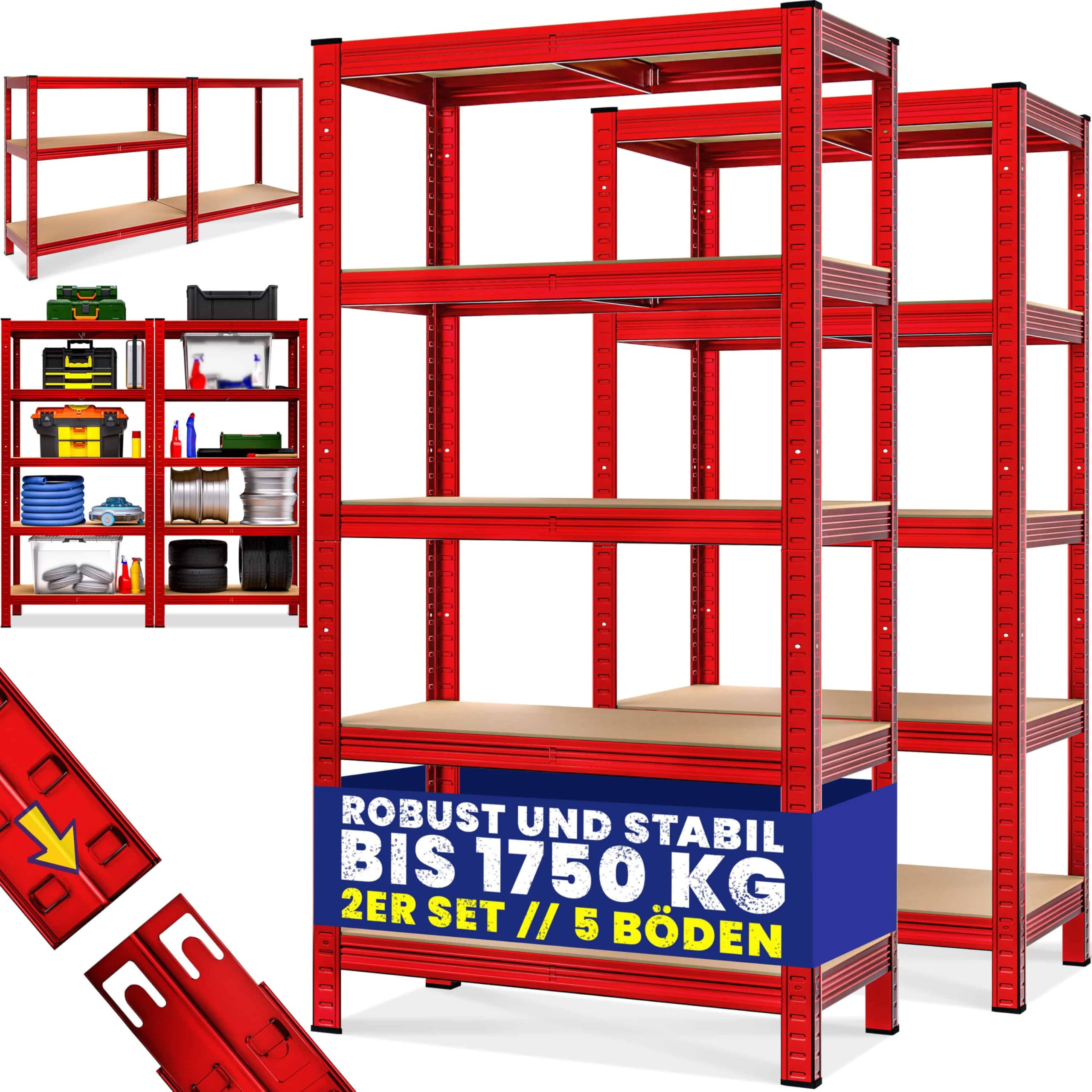 Monzana 2er-Schwerlastregal-Set, 180x90x40 cm, rot, pulverbeschichteter Stahl, 875 kg pro Regal (1750 kg gesamt)