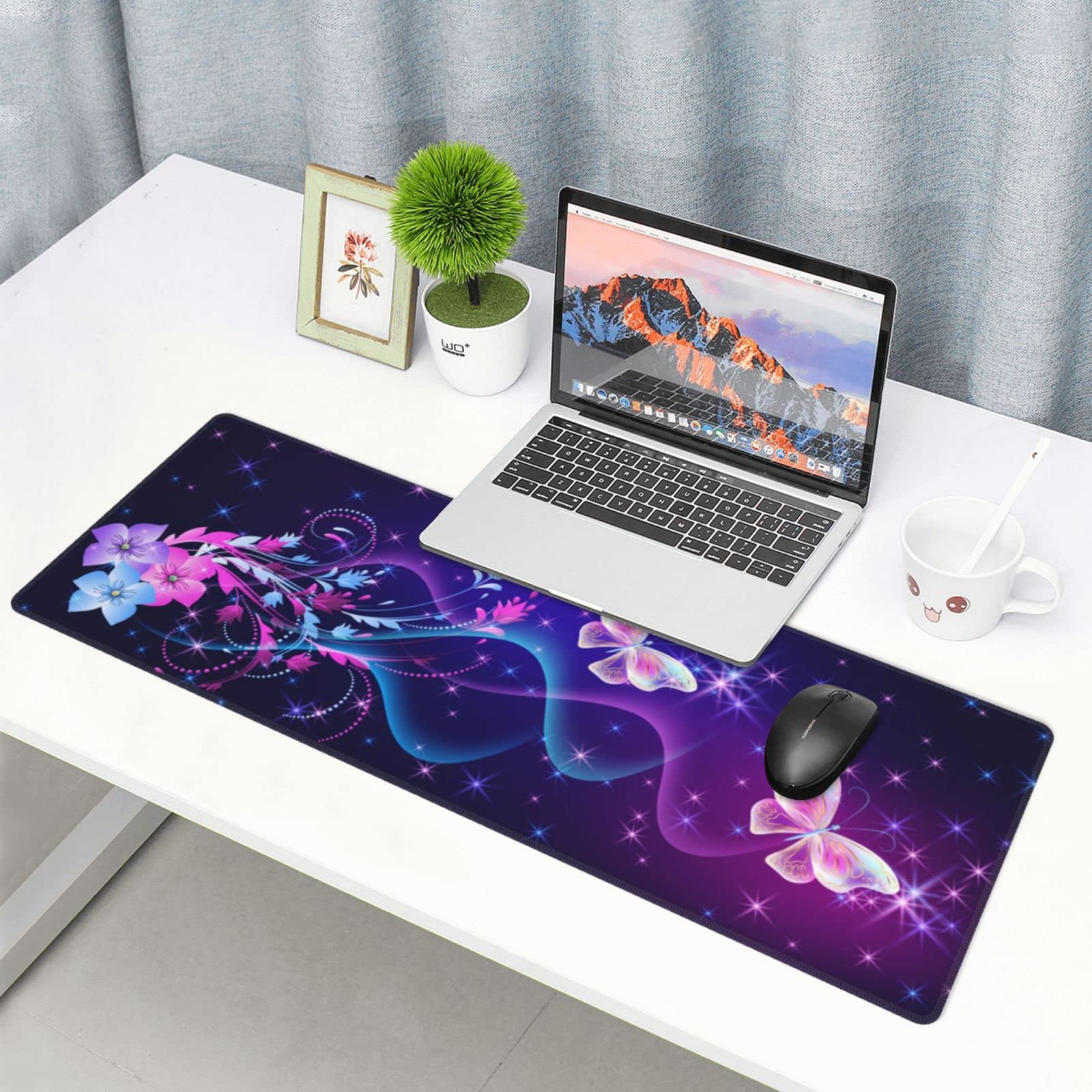 Tappetino Per Mouse Da Scrivania XXL 80x30 Cm - Motivo Floreale Verde Su Nero - Base In Gomma Antiscivolo, Bordi Cuciti, Per Casa E Ufficio