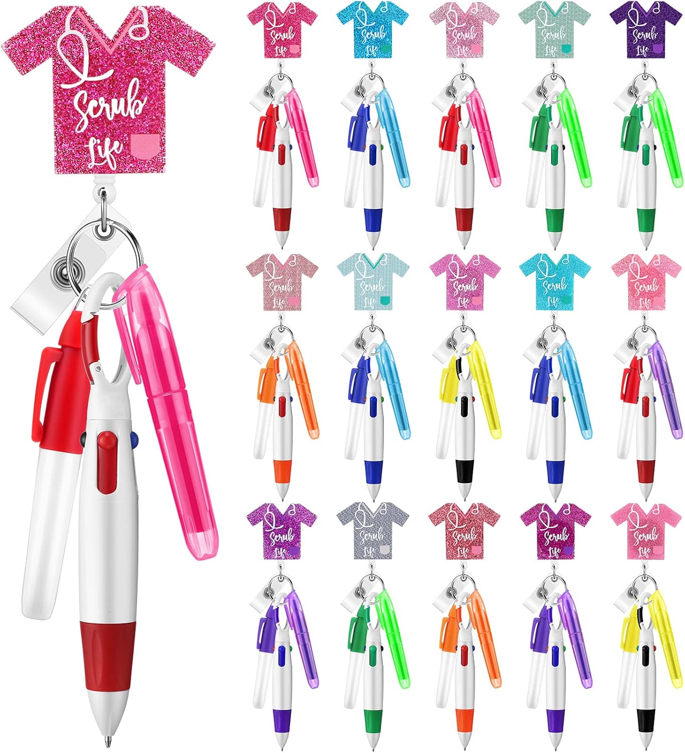 Sinmoe 75 Pcs Nurse Badge Reels Bulk Nurse Gifts Pen Set Include Badge Holder Tip Mini Highlighter Marker Pen Retractable Ballpens and Metal Ring Keychain for Doctor Gift Accessories(Bright Color)