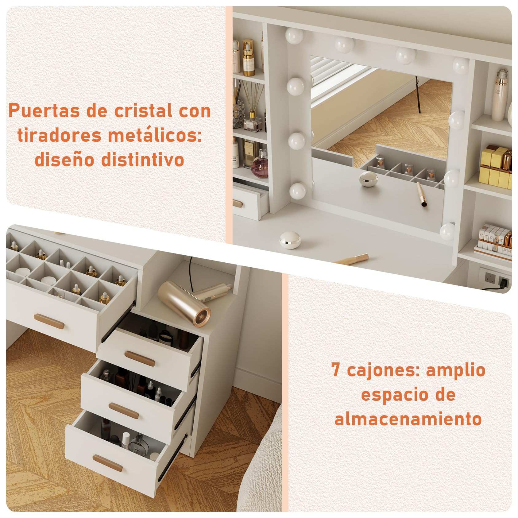 Tocador con Espejo y Luces, Mesa de Maquillaje Grande de 124 cm con 7 Cajones y 3 Armarios, Tocador con Enchufe Integrado y Puertos USB, Tocador Dormitorio, Blanco