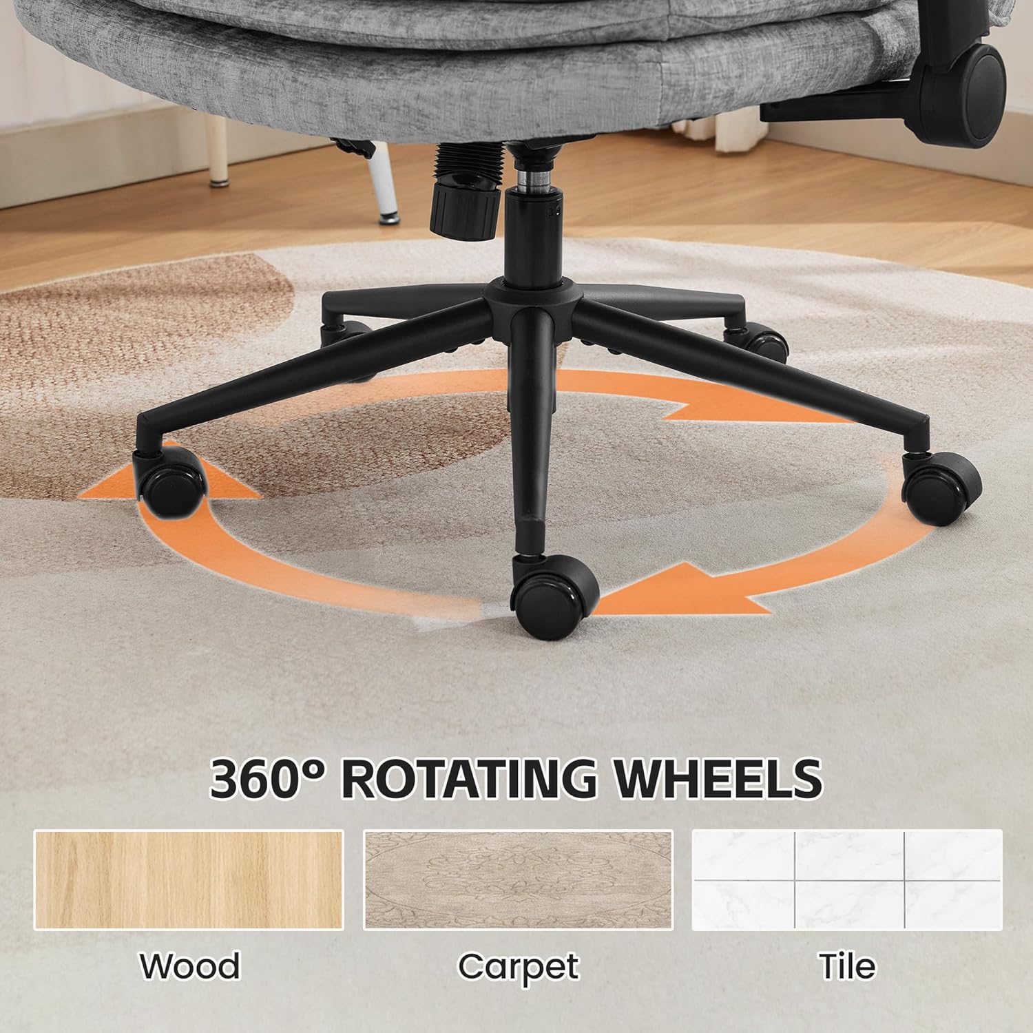 Criss Cross Chair with Flip-up Arms, Wide Criss Legged Chair with 3 Layer Cushion, Ergonomic Office Desk Chair with Wheels, Swivel Vanity Chair for Office, Living Room, Bedroom, Chenille Grey