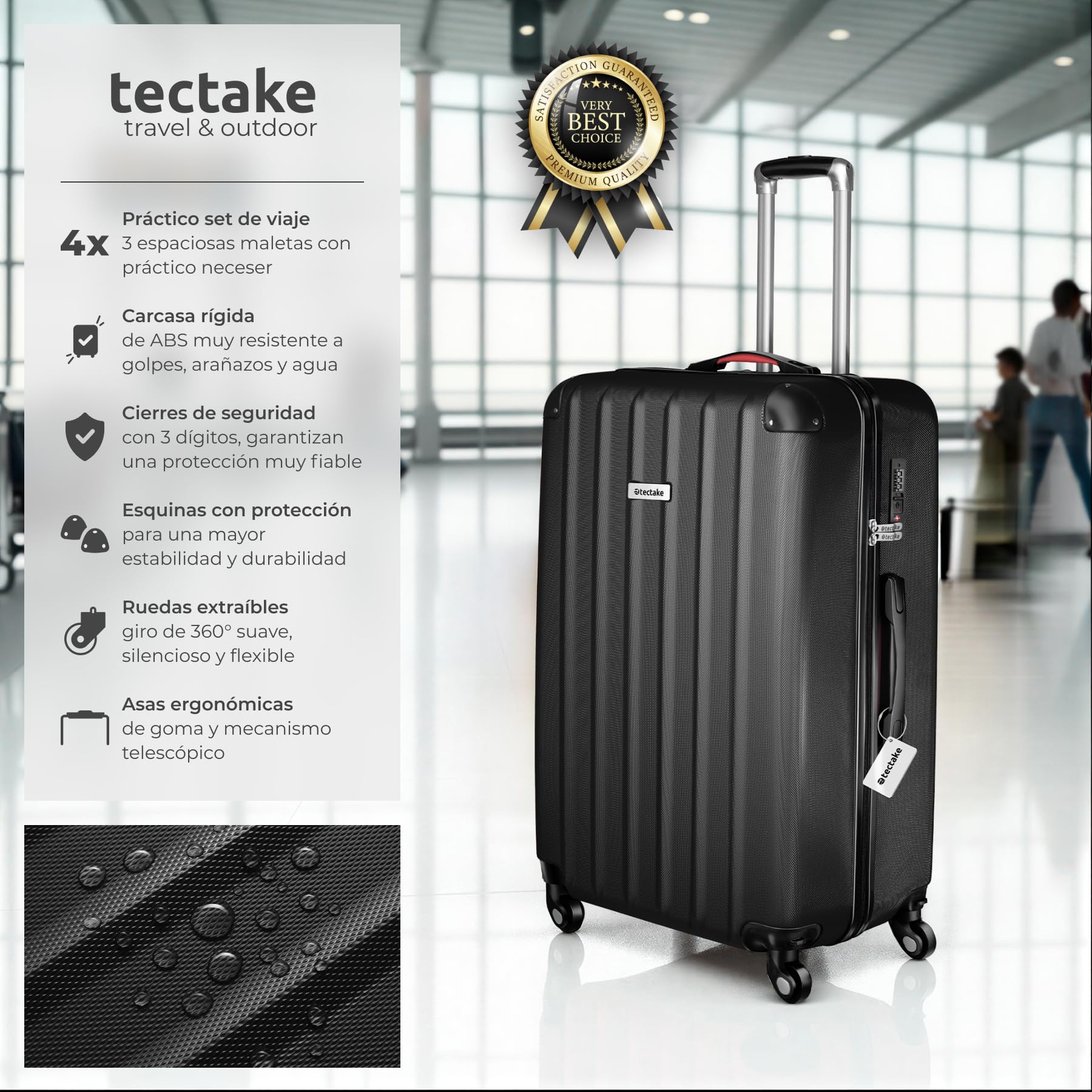 tectake® Juego de 4 Maletas Rígidas con Báscula y Etiquetas de Equipaje, 3 Trolleys y 1 Neceser, Set de Maletas de Viaje con Ruedas de 360º, Cerradura de Combinación, Apilables Entre sí - Negro