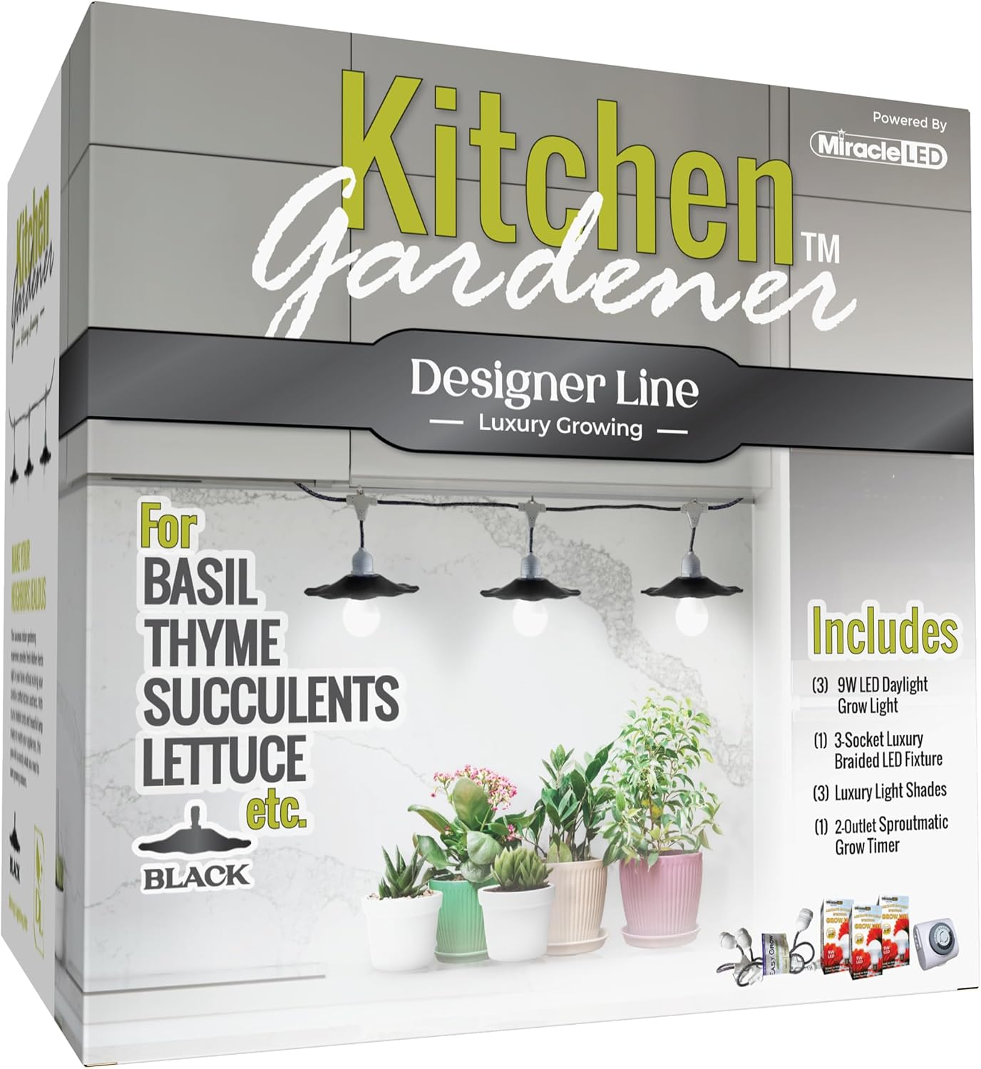 Miracle LED Kitchen Gardener Designer Line Indoor Grow Kit - Includes 3 Absolute Daylight Full Spectrum 100W Replacement Grow Bulbs & 1 3-Socket Black Shaded Cord Fixture with Timer