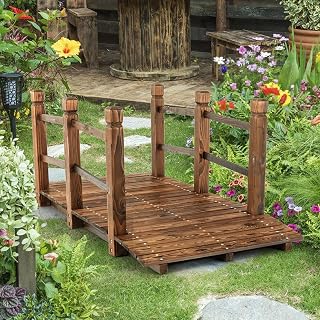 Giantex 5FT Stained Fir Wood Garden Bridge with Railings - Arched Walkway for Backyard Creek Pond Farm Decor, 400LBS Capacity, Easy Assembly