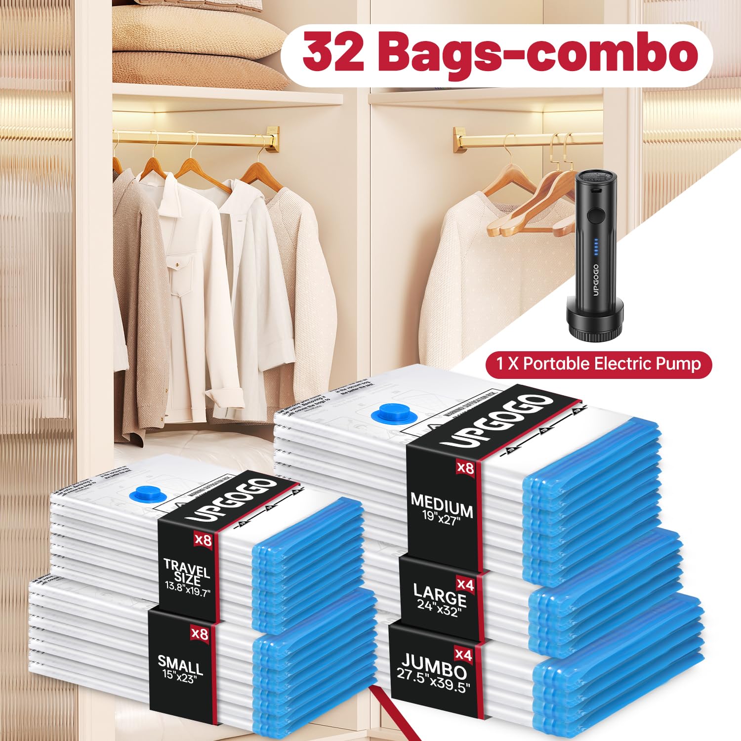 UPGOGO Confezione da 32 sacchetti sottovuoto con pompa elettrica portatile, sacchetti sottovuoto per abbigliamento, sacchetti salvaspazio da viaggio per bagagli