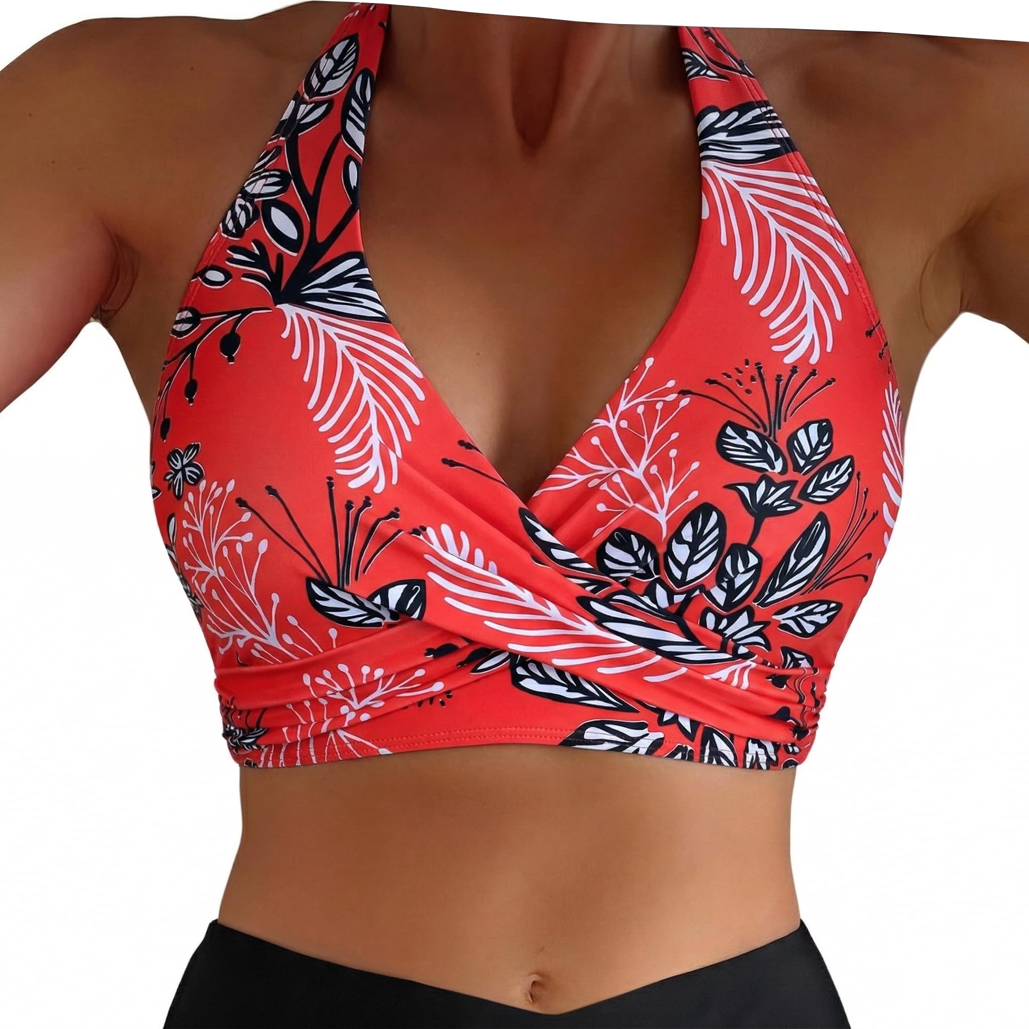 Hilor Women's Underwire Bikini Tops Halter V Neck Bathing Suit Top Swimsuit Push Up Twist Front Swim Top Only