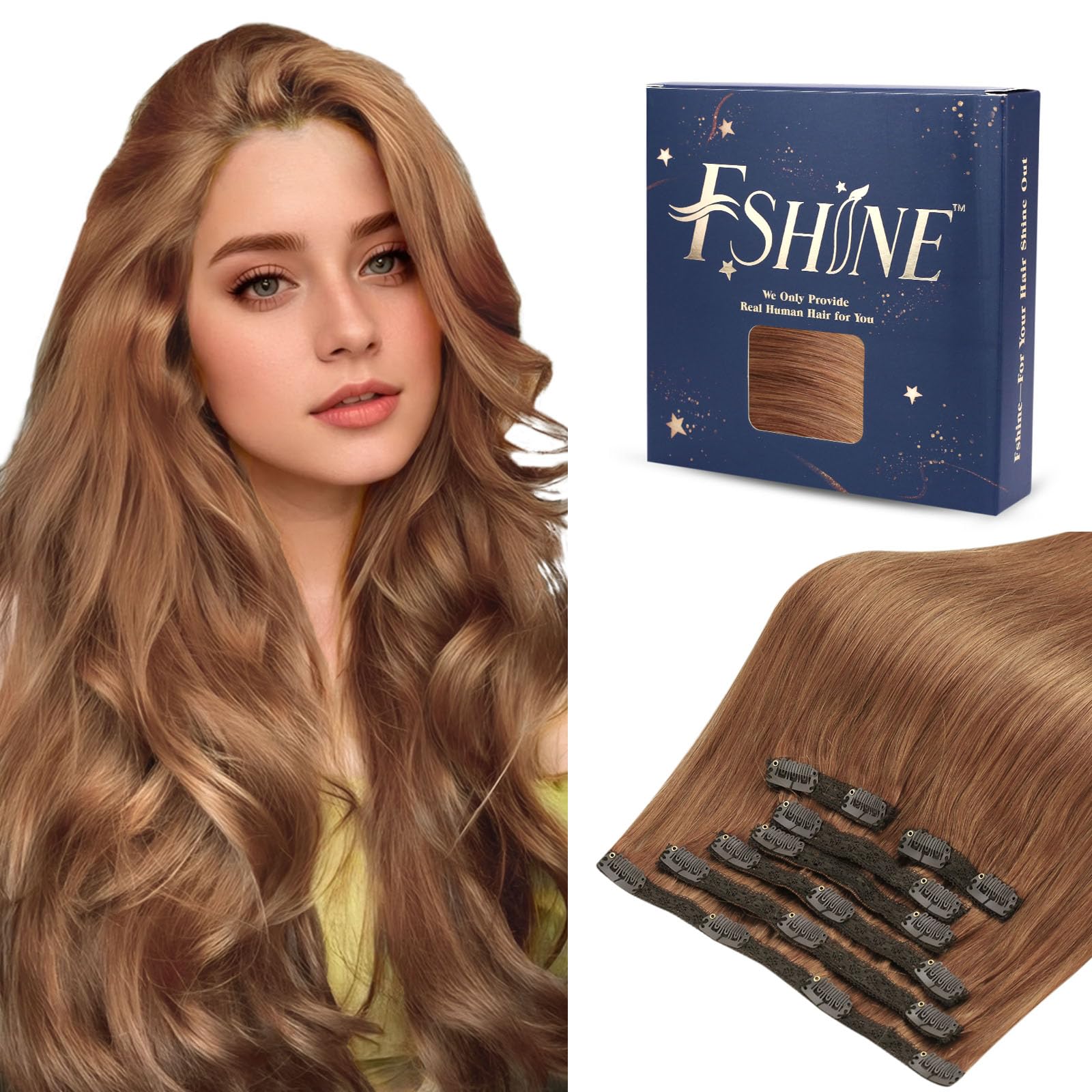 Fshine Extension Clip in Capelli Veri 40CM 120g Extension Lisci Capelli Marrone Rossastro Extension Brasiliano 7 Pezzi Full Head Double Weft Extension Clip in Human Hair Extension #350