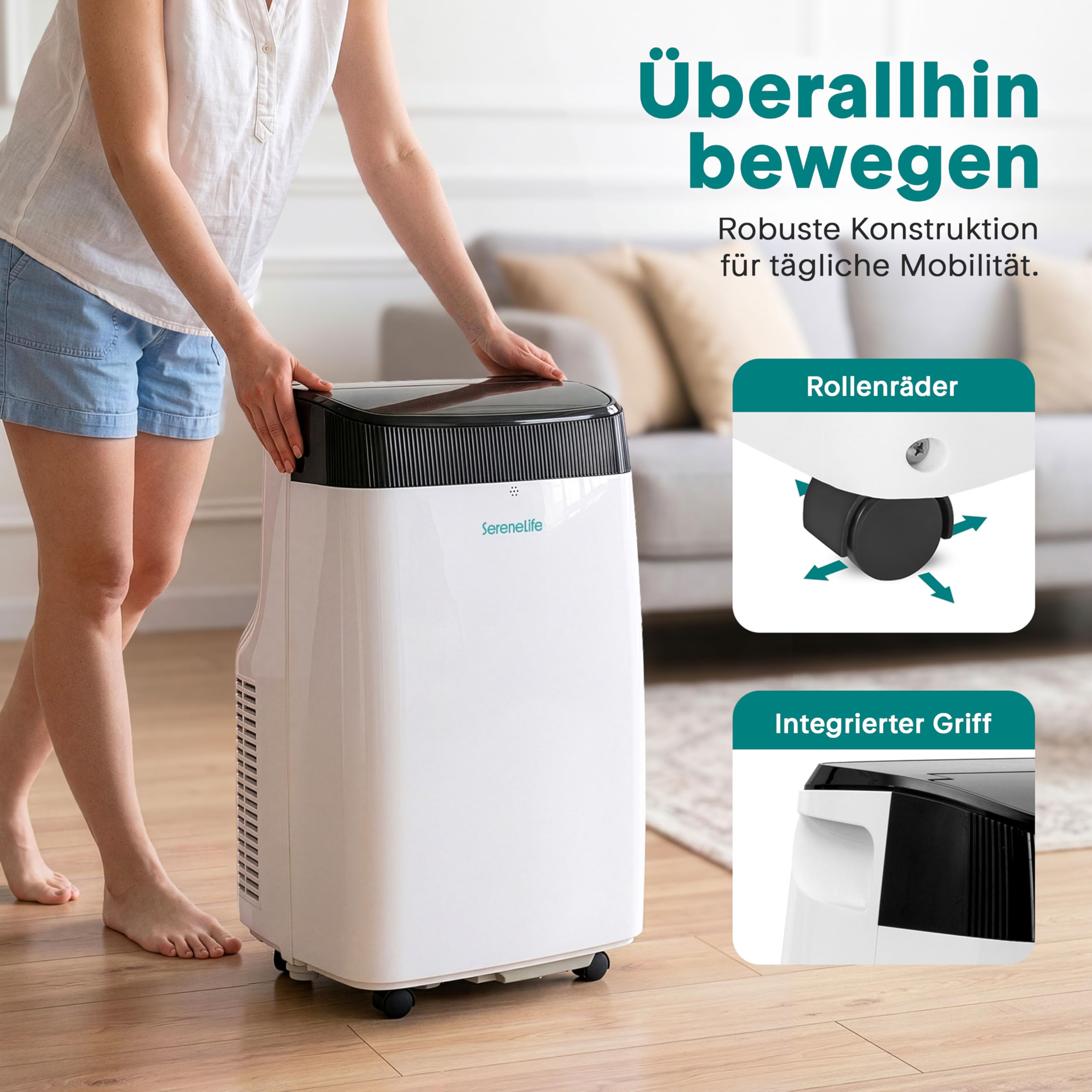 SereneLife Mobile Klimaanlage 4 kW 9000 BTU Leises Klimagerät bis 20 m² mit Entfeuchter, Lüfter & Fernbedienung