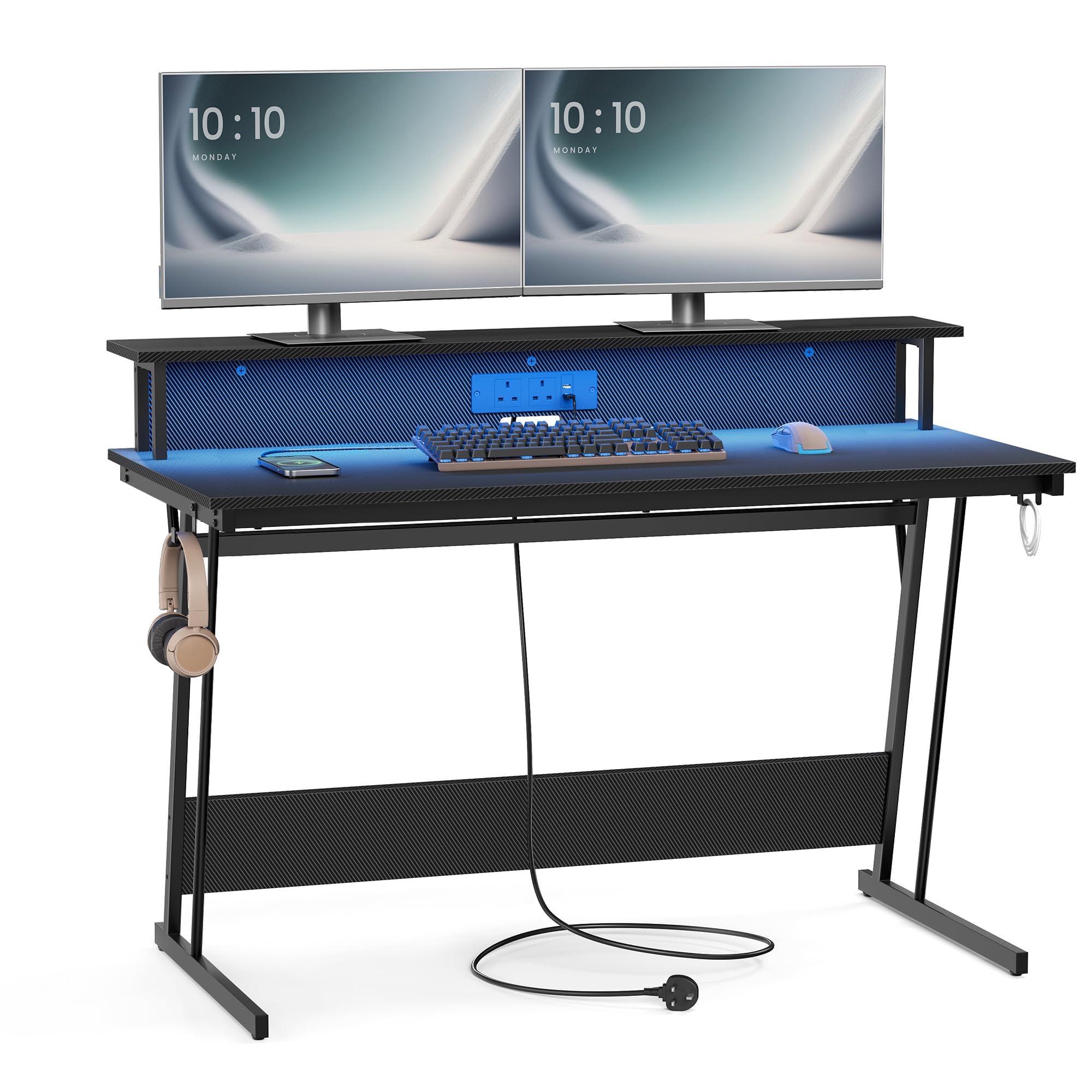 VASAGLE Gaming Desk with LED Lights and Built-In Power Outlets, Computer Desk with Monitor Shelf, Gaming Table for 2 Monitors, Office Desk, for Bedroom, 55 x 135 x 76 cm Carbon Black LWD118B02
