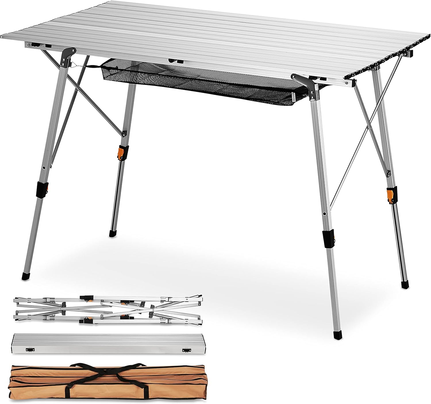 FiveJoy Folding Camping Table Outdoor Portable Picnic Camp Table with Aluminum Legs Adjustable Height Roll Up Table with Mesh Layer for Picnic Beach Grill Backyard Kitchen 35.4"D x 19.7"W × (17.7"/26")H