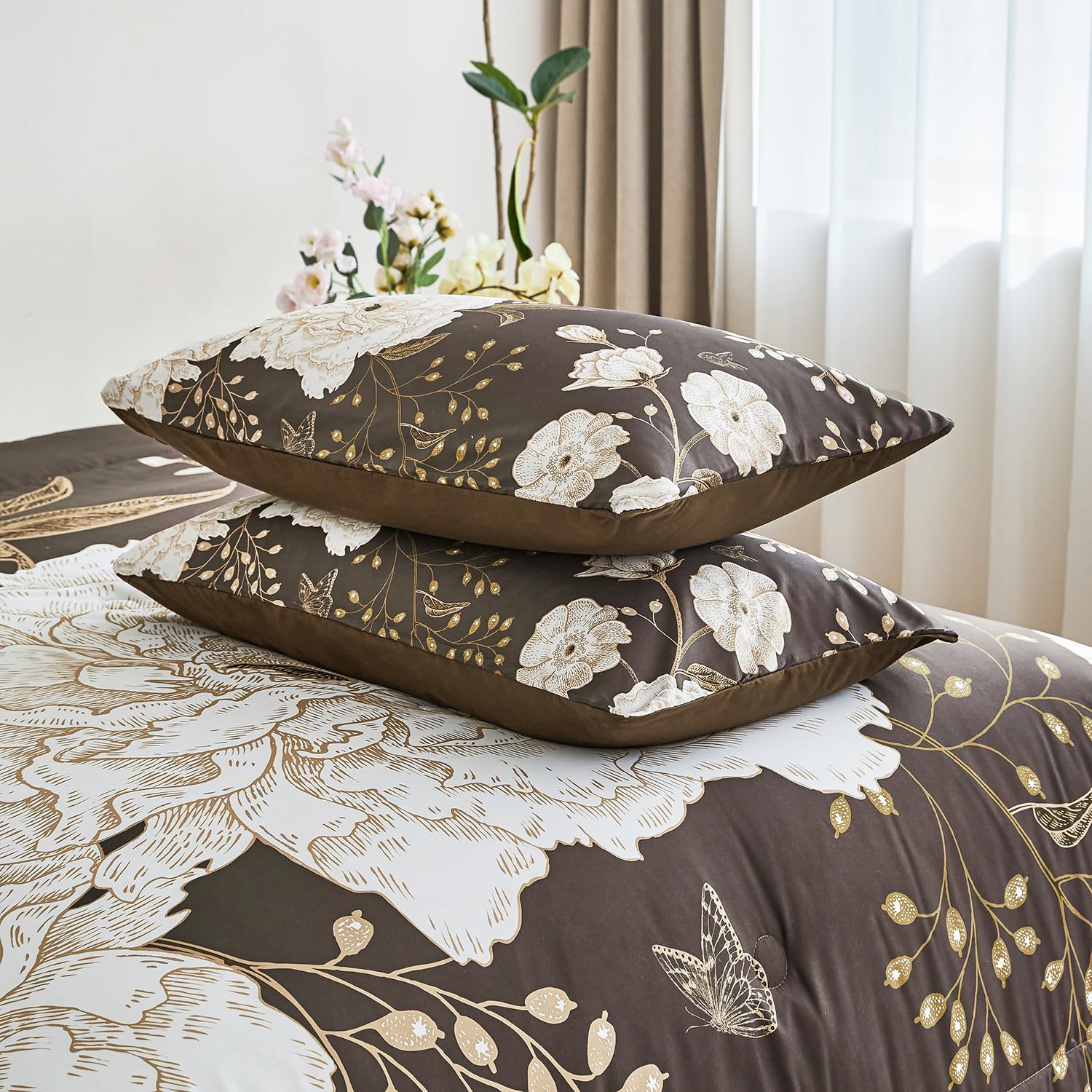 PERFEMET Brown Floral Comforter Set King Size, 3 Pieces Botanical