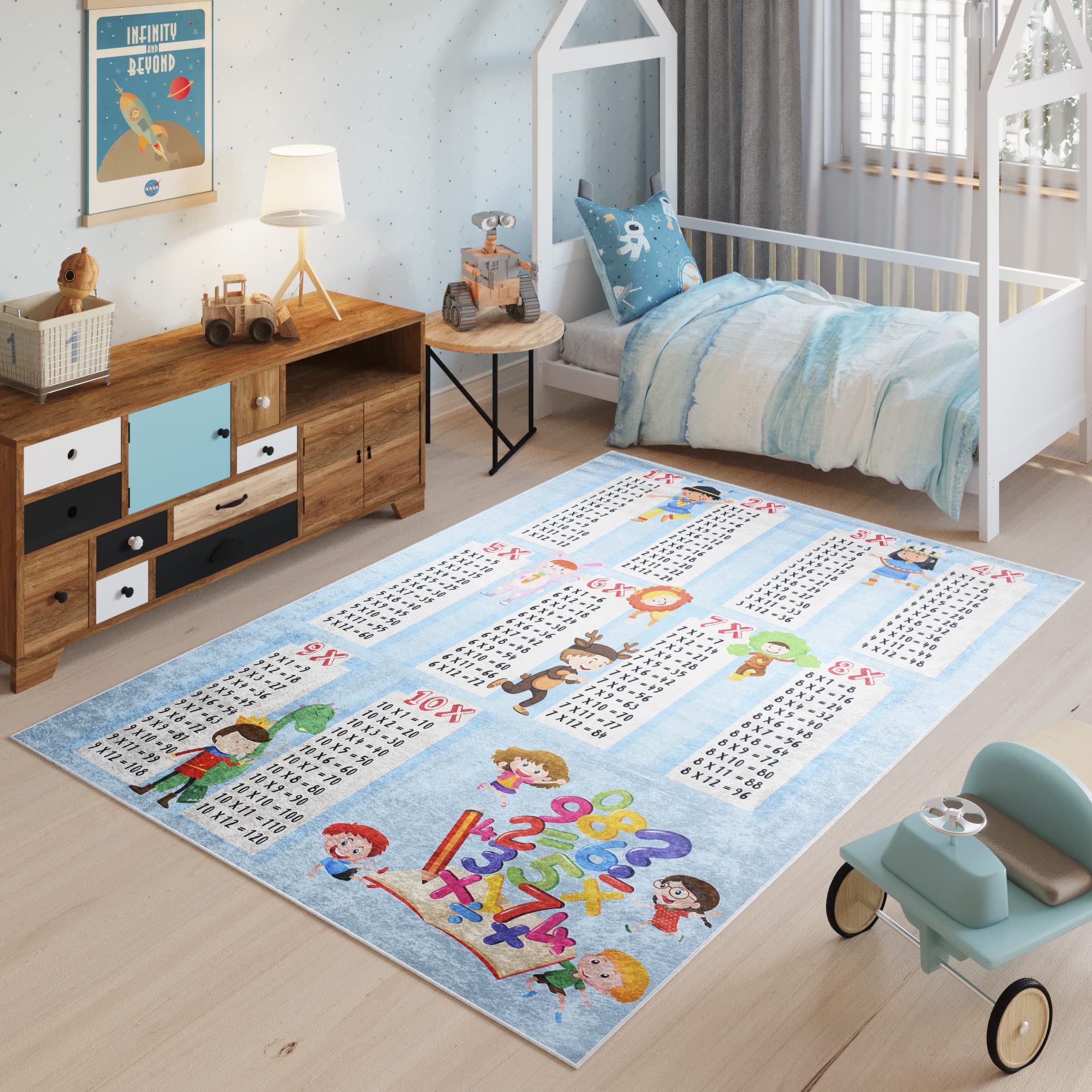 TAPISO Emma Kinderteppich Bunt Einmaleins Antirutsch 140 x 200 cm | Waschbar bei 30 Grad bedruckter Kinderteppich Kinderzimmer Jugendzimmer Modern OEKO-TEX