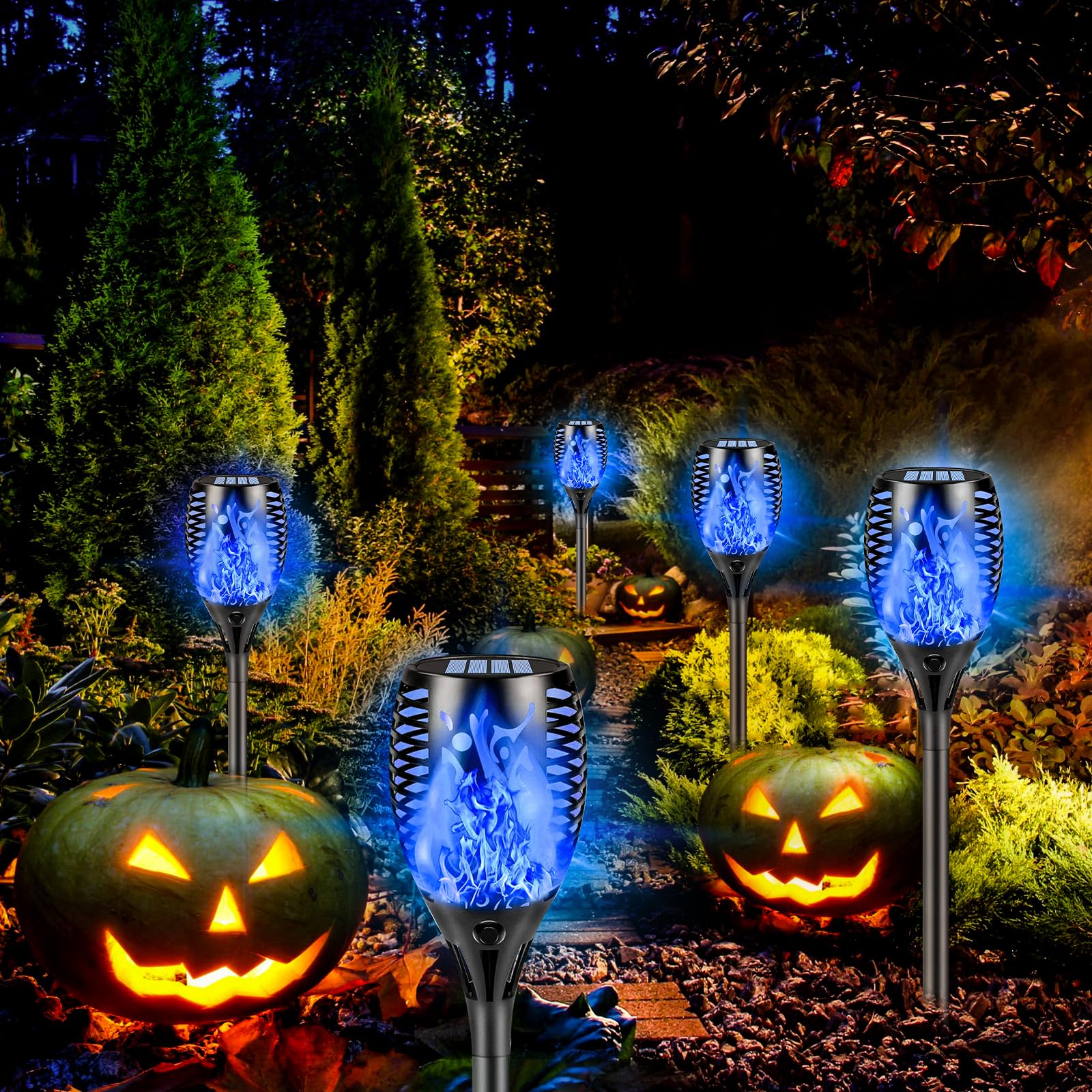 Upgraded 8 Pack Super Larger Size Solar Flame Torch Extra Solar Christmas Lights Outdoor Decorative with Flickering Flame, Solar Outdoor Lights for Xmas Decoration Pathway Auto On and Off (Blue)