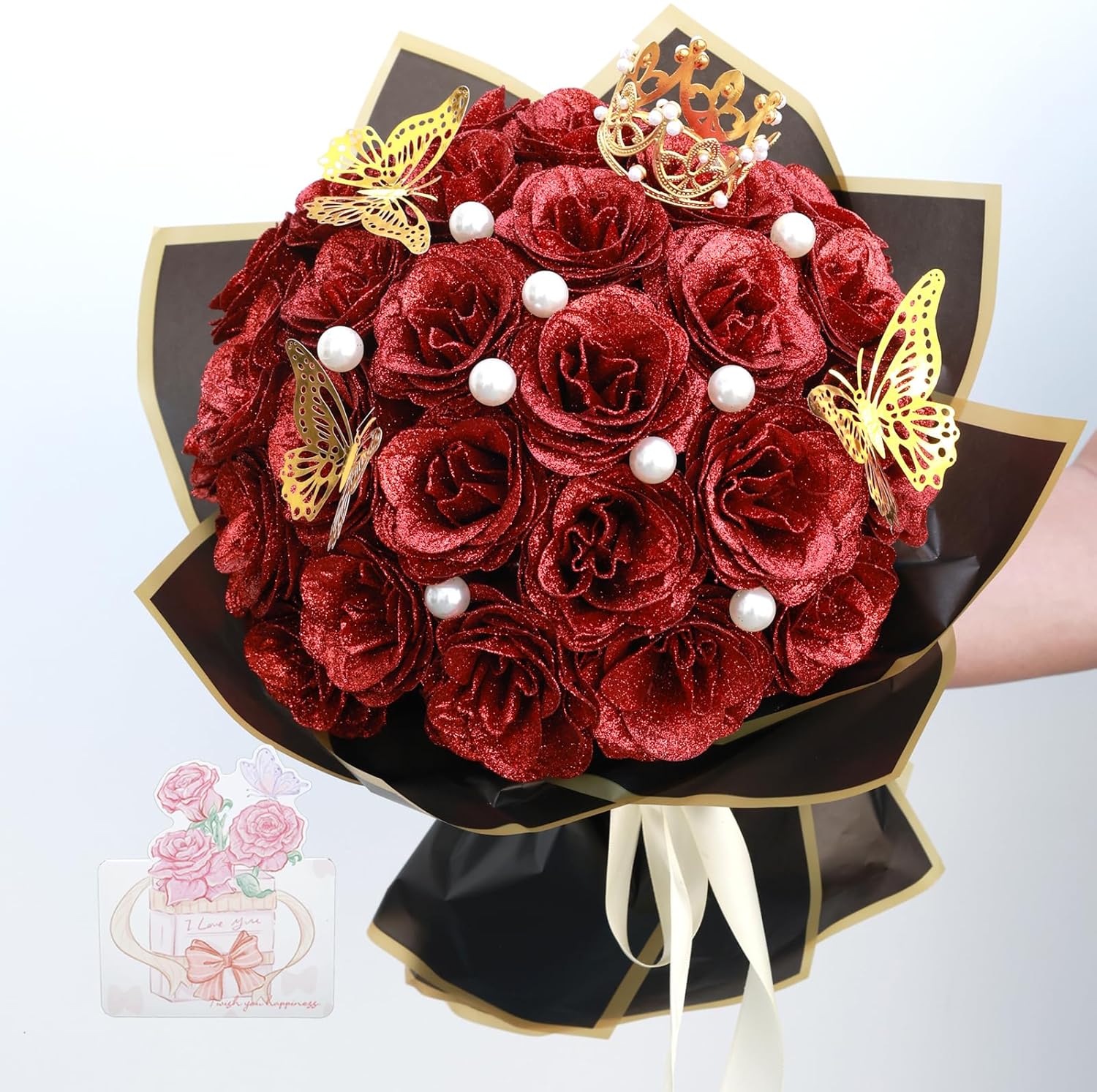 Glitter Roses Bouquet, Shiny Artificial Roses Flowers with Stems DIY Fake Glitter Flowers Bouquet for Valentines Mothers Day Graduation Birthday Anniversary, 24 Roses (Red)