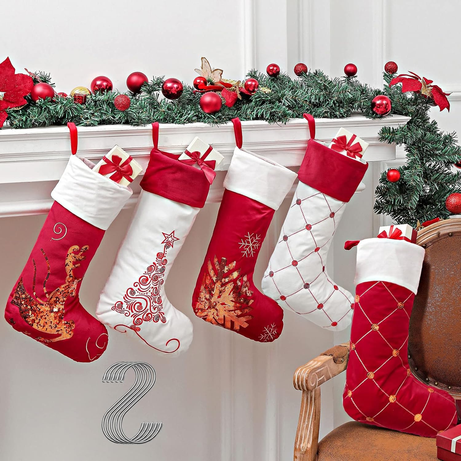 5Pack 21" Christmas Stockings Large Red and White Christmas Christmas Stockings Large