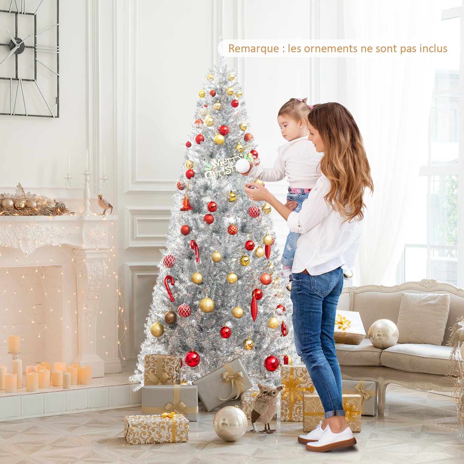 COSTWAY Sapin de Noël Artificiel Argenté Pré-éclairé de 180 cm, 790 Pointes de Branches, 300 Lumières LED Blanc Chaud, Support en Métal Pliable, Charnière, pour Bureau, Maison