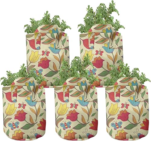 Ambesonne Bolsas de cultivo de mariposas, paquete de 5, alas exóticas abstractas, macetas de tela resistentes con asas para plantas, color rosa