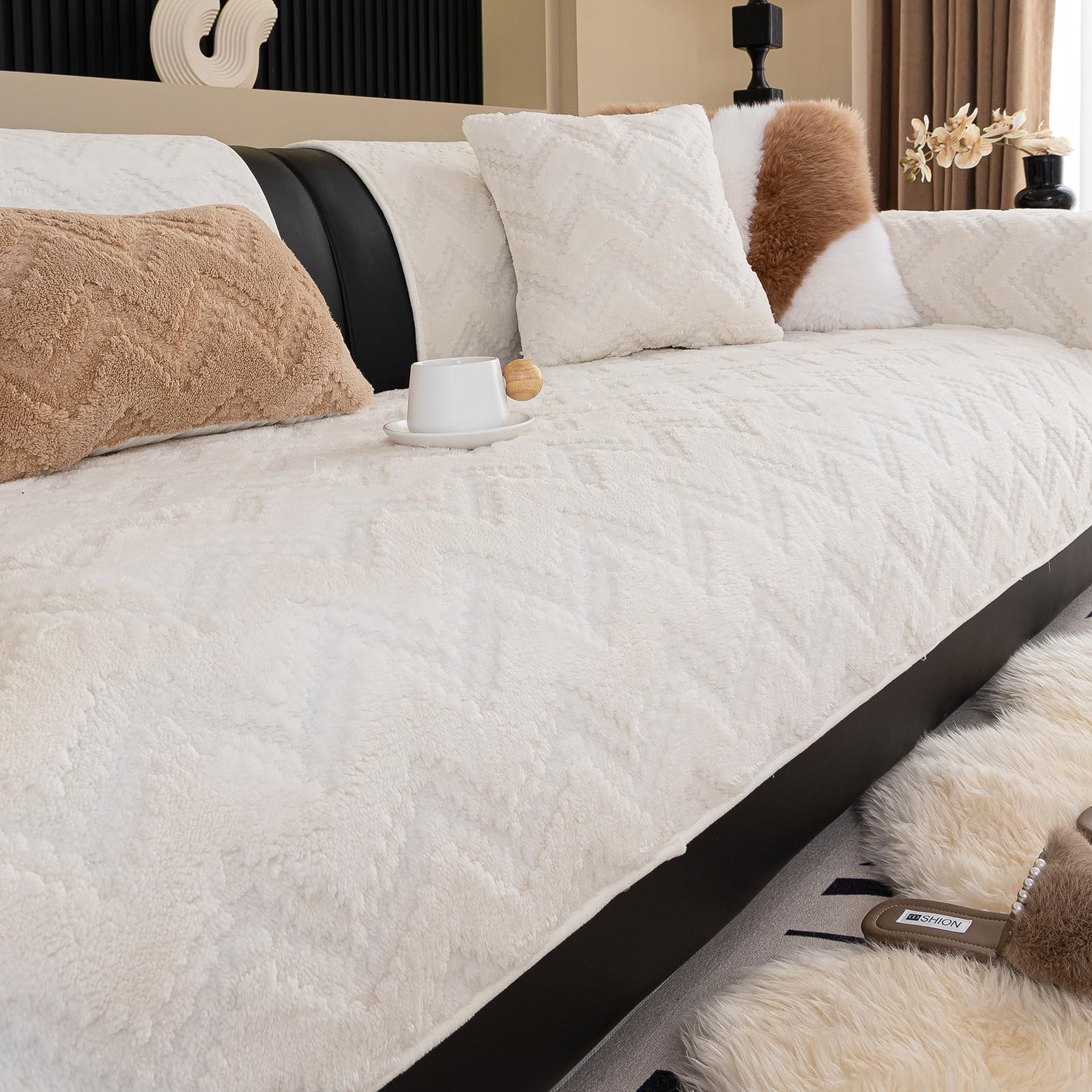 MDSASFD Sherpa Couch Cover V-Wavy Sofa Cover for Sectional Sofa, Fleece Couch Covers Washable for Dogs, Sofa Slipcovers Non Slip Protector for L Shaped(Beige White, 36