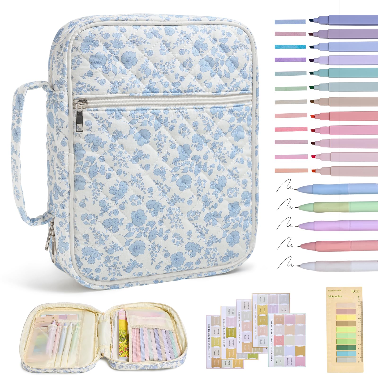 Funda para la Biblia para mujer, funda de bolsa de la Biblia con asa duradera, funda acolchada para transporte de la Biblia para niñas, accesorios de estudio de la Biblia (flor azul)