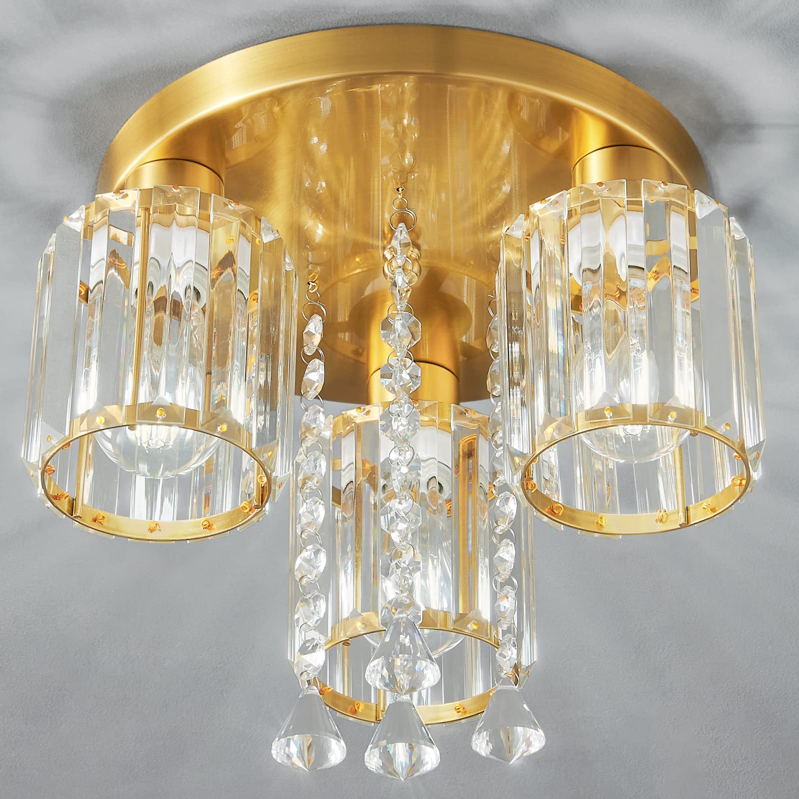 Semi Flush Mount Ceiling Light, 3-Light Close to Ceiling Light Fixtures Gold Crystal Modern Light Fixture for Kitchen Entryway Bedroom Bathroom Foyer Flush Mount Ceiling Light.