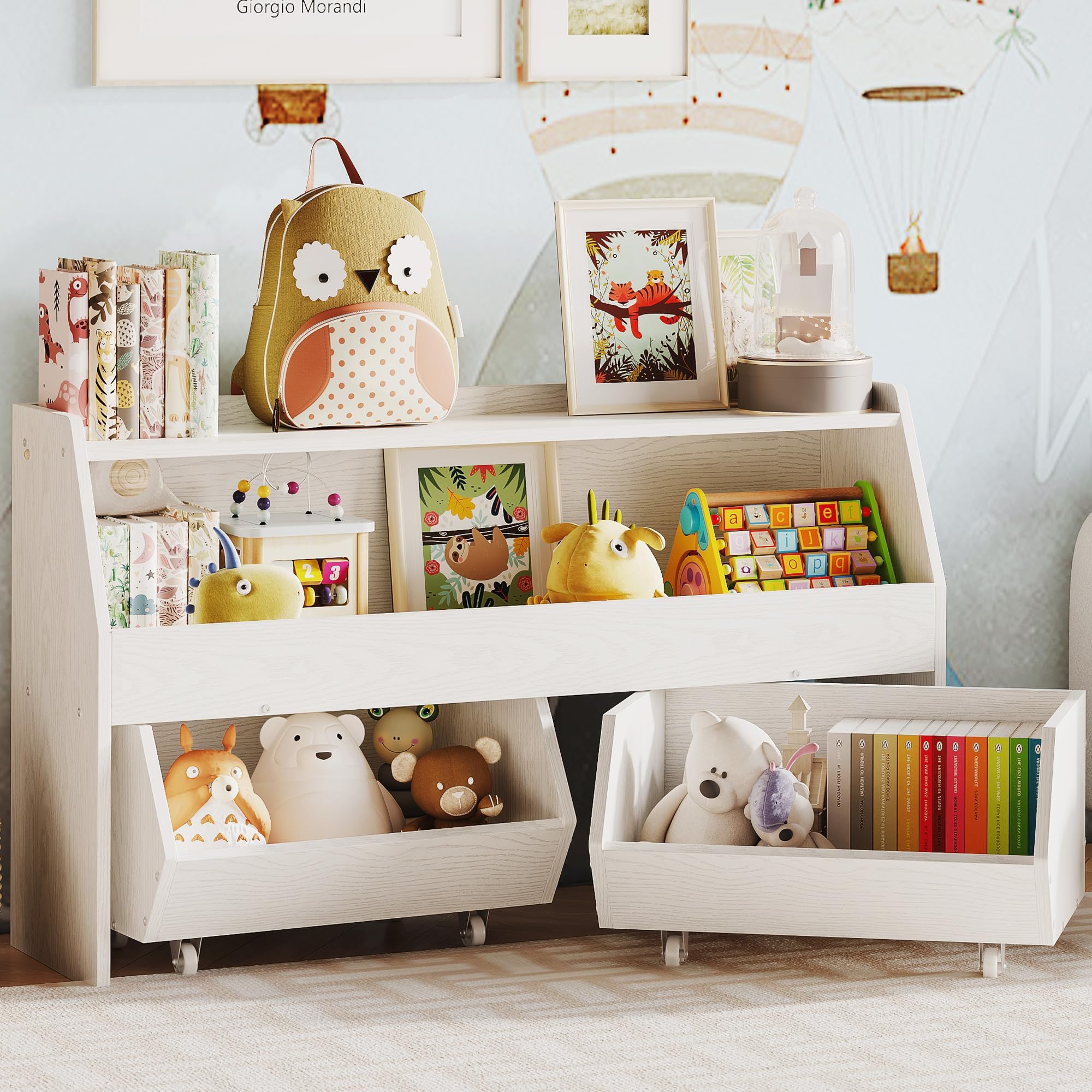 Fulhope Toy Storage Organizer for Kids, Toy Storage Cabinet with Drawers, Boys and Girls Toy Shelf with Wheels, Toy Organizer Kids Bookshelf with Storage for Nursery, Playroom, Bedroom (White)