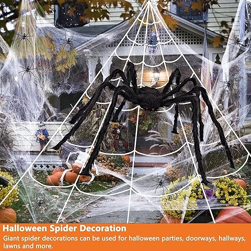 Miniatura 2 de KRRFDP Decoración de Halloween de telaraña de 200 pulgadas, araña gigante aterradora de 60 pulgadas con 20 piezas de mini araña y telaraña elástica