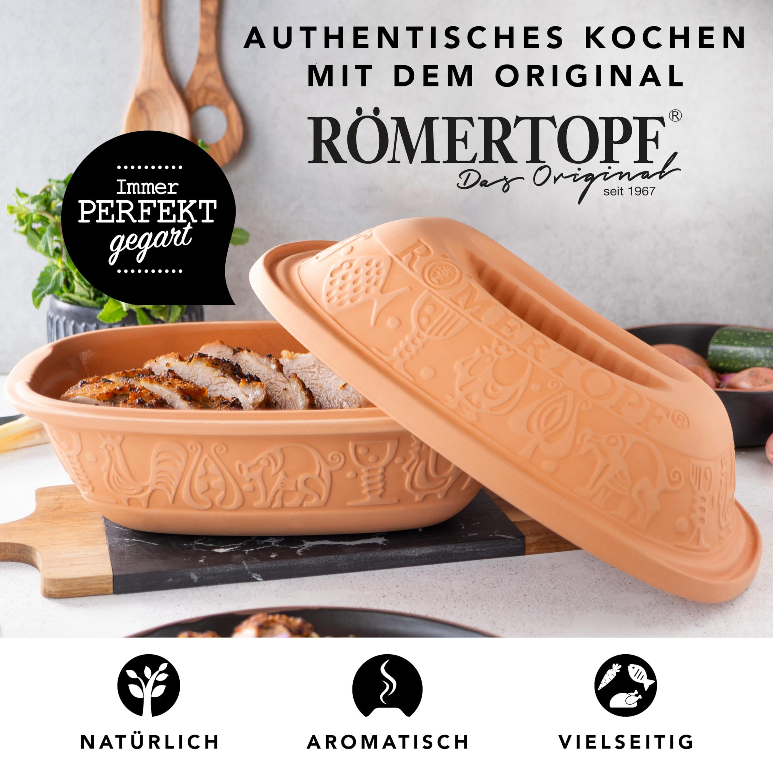 Römertopf Bräter Klassiker aus Naturton, Dampfgarer 3 Liter für bis zu 4 Personen, Keramik-Schmortopf für Backofen & Mikrowelle, Unterteil glasiert, fettarmes Garen, spülmaschinengeeignet