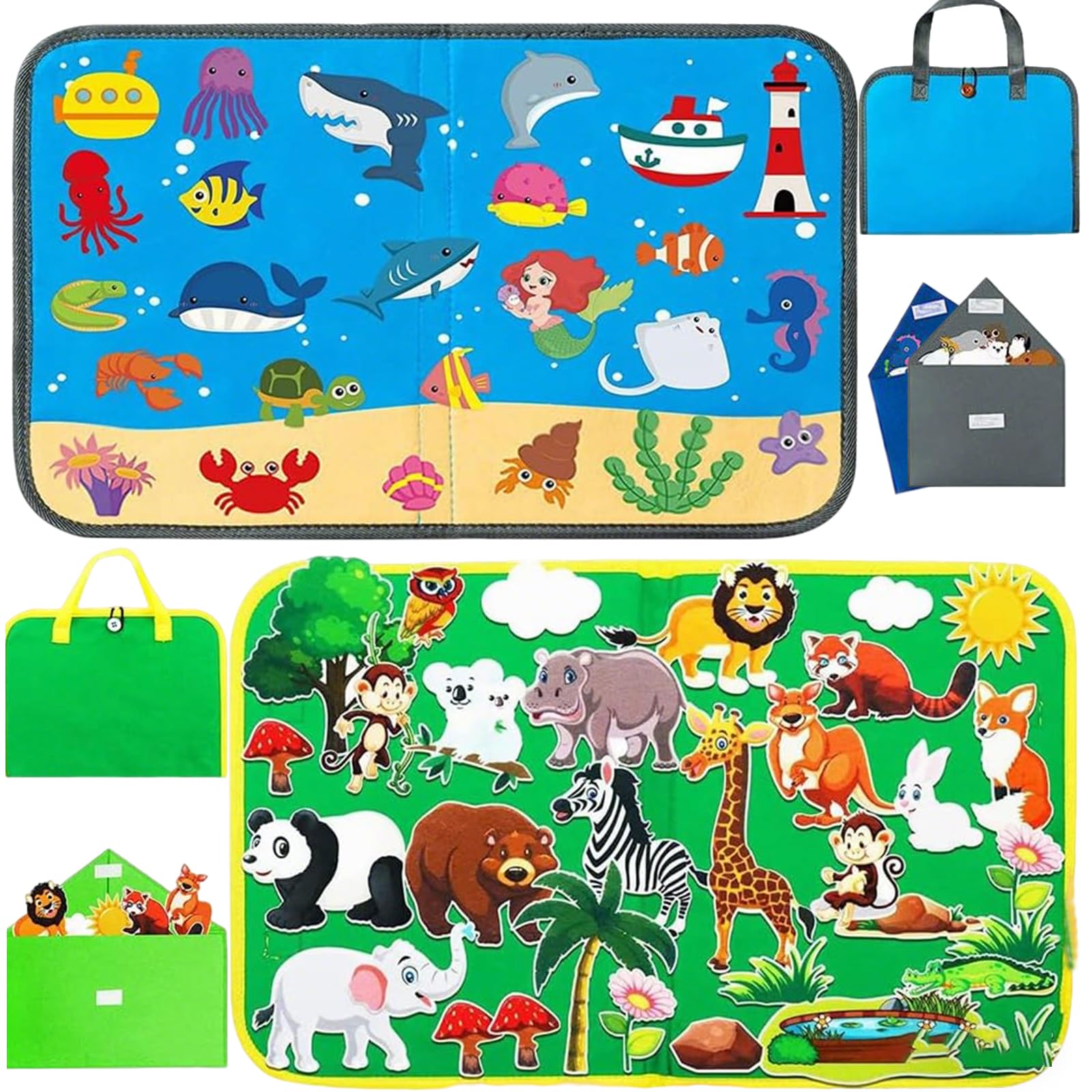 2Pcs Fuzzy Felt Story Board Set, 50Pcs Zoo Sea Animals Felt Pieces, Interactive Sensory Learning Toy for Toddlers Kids Boys Girls, Portable Educational Gifts for Preschool Home Travel