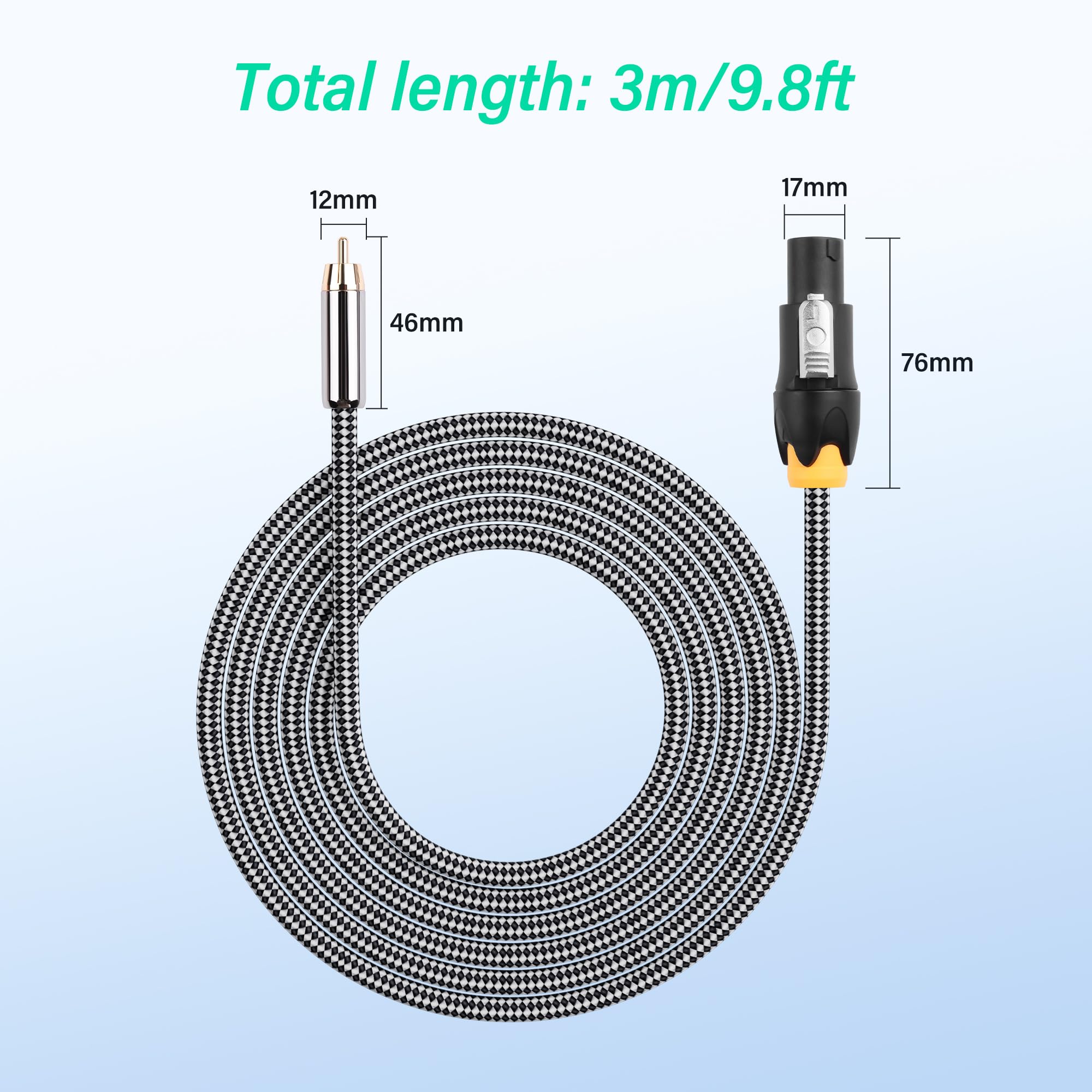 SinLoon Cavo audio da Speakon a RCA, 3 m/10 FT, cavo coassiale da 14 AWG a treccia, cavo di collegamento segnale da amplificatore a home theater, cavo di collegamento professionale da amplificatore a