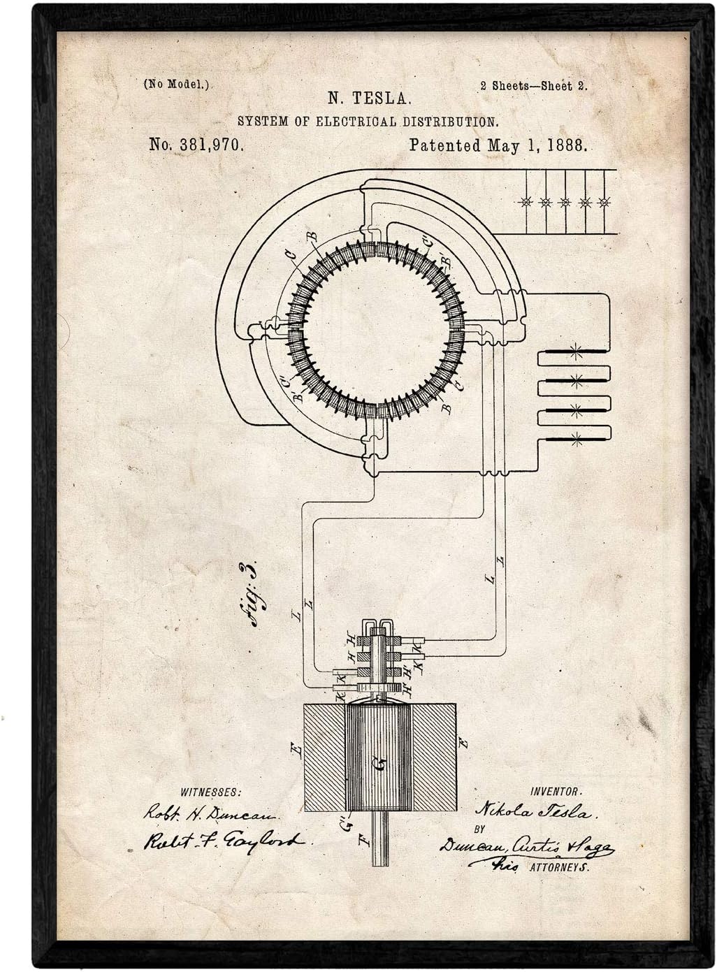 Nacnic Poster patented electrical distribution system. Sheet with old design patent in A3 size and vintage background